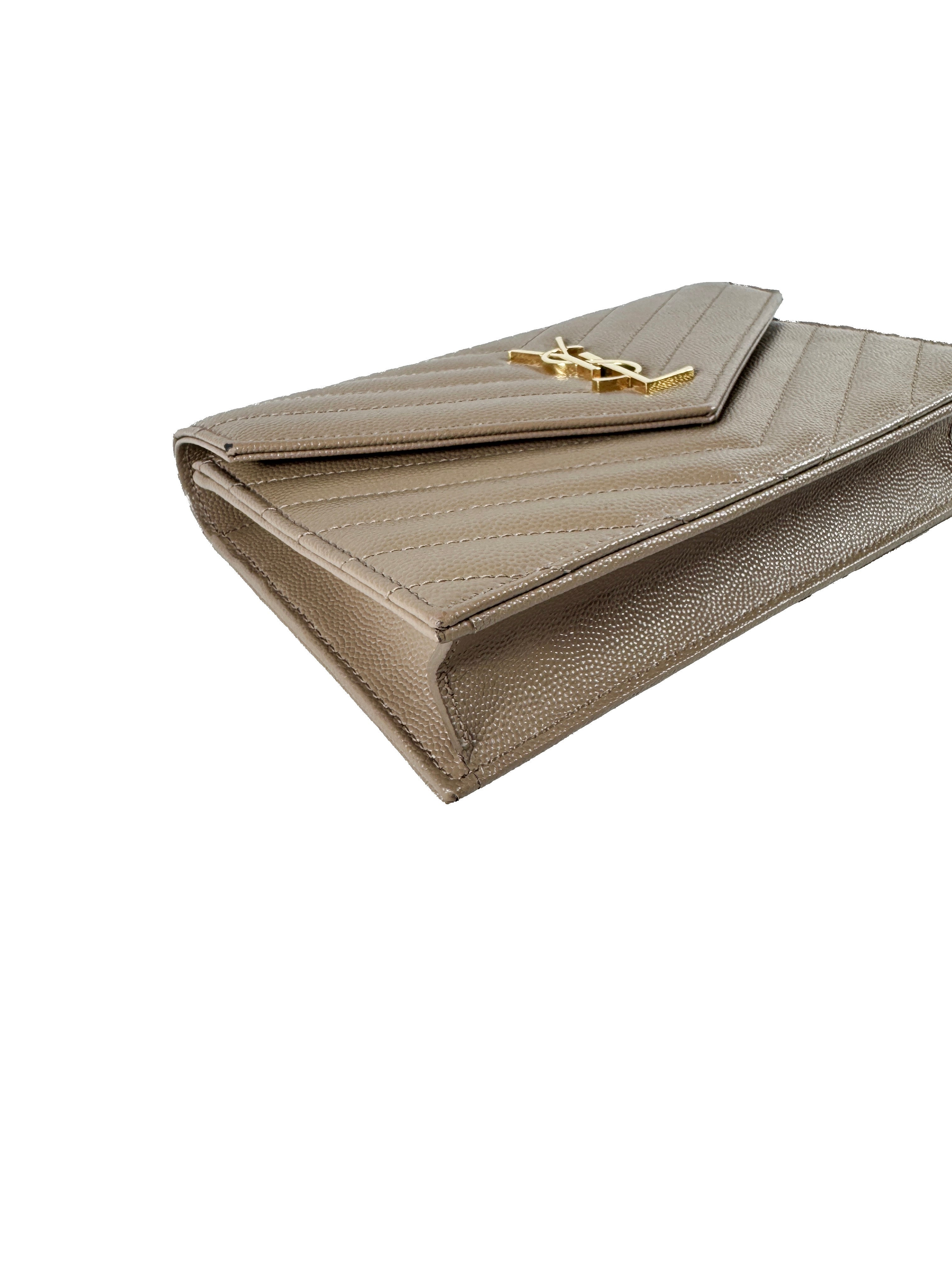 Saint Laurent chevron Cassandre grain de poudre chain wallet dark beige YBL695108 0822