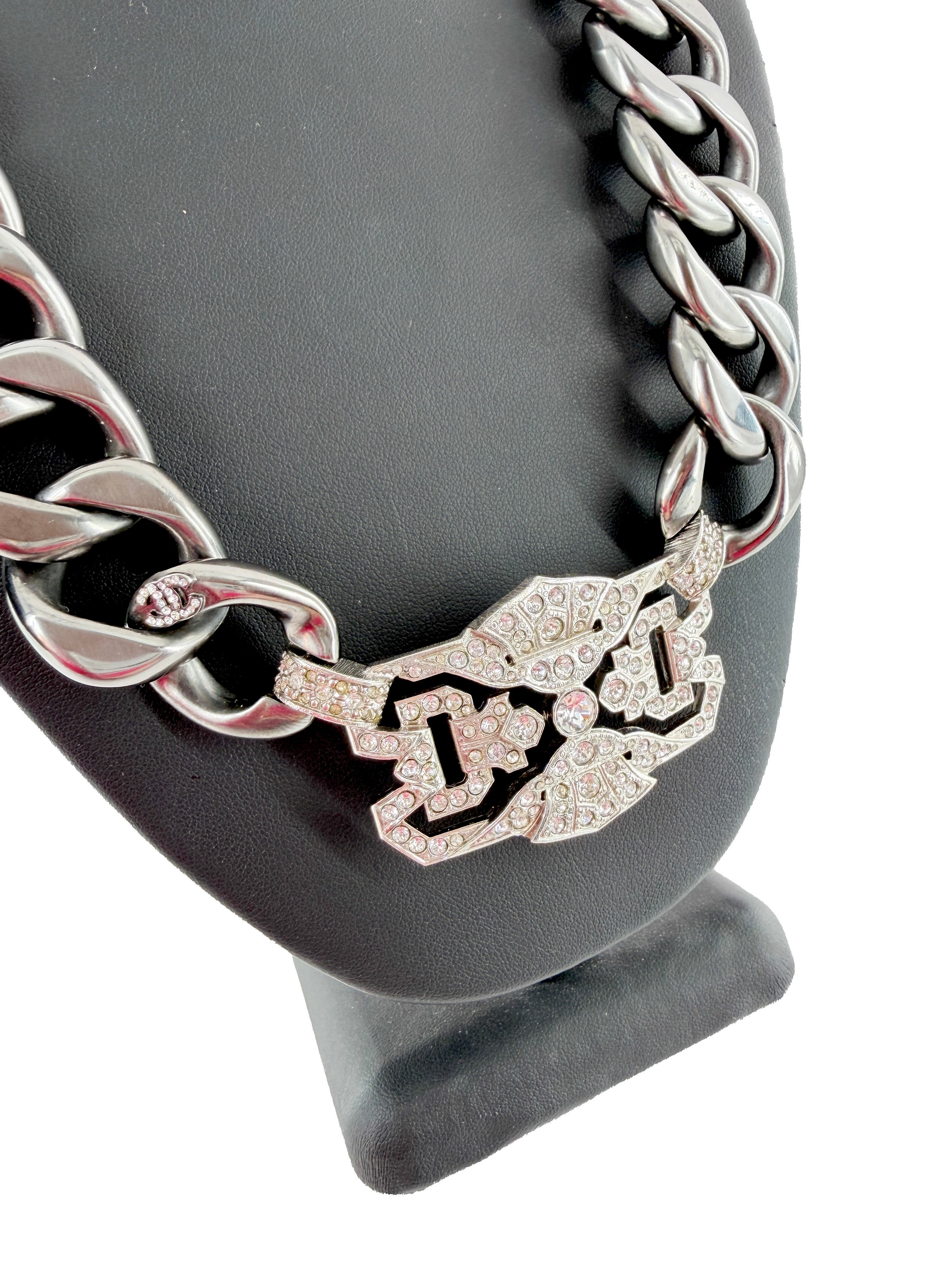 Chanel metal crystal CC chain choker necklace ruthenium B14C