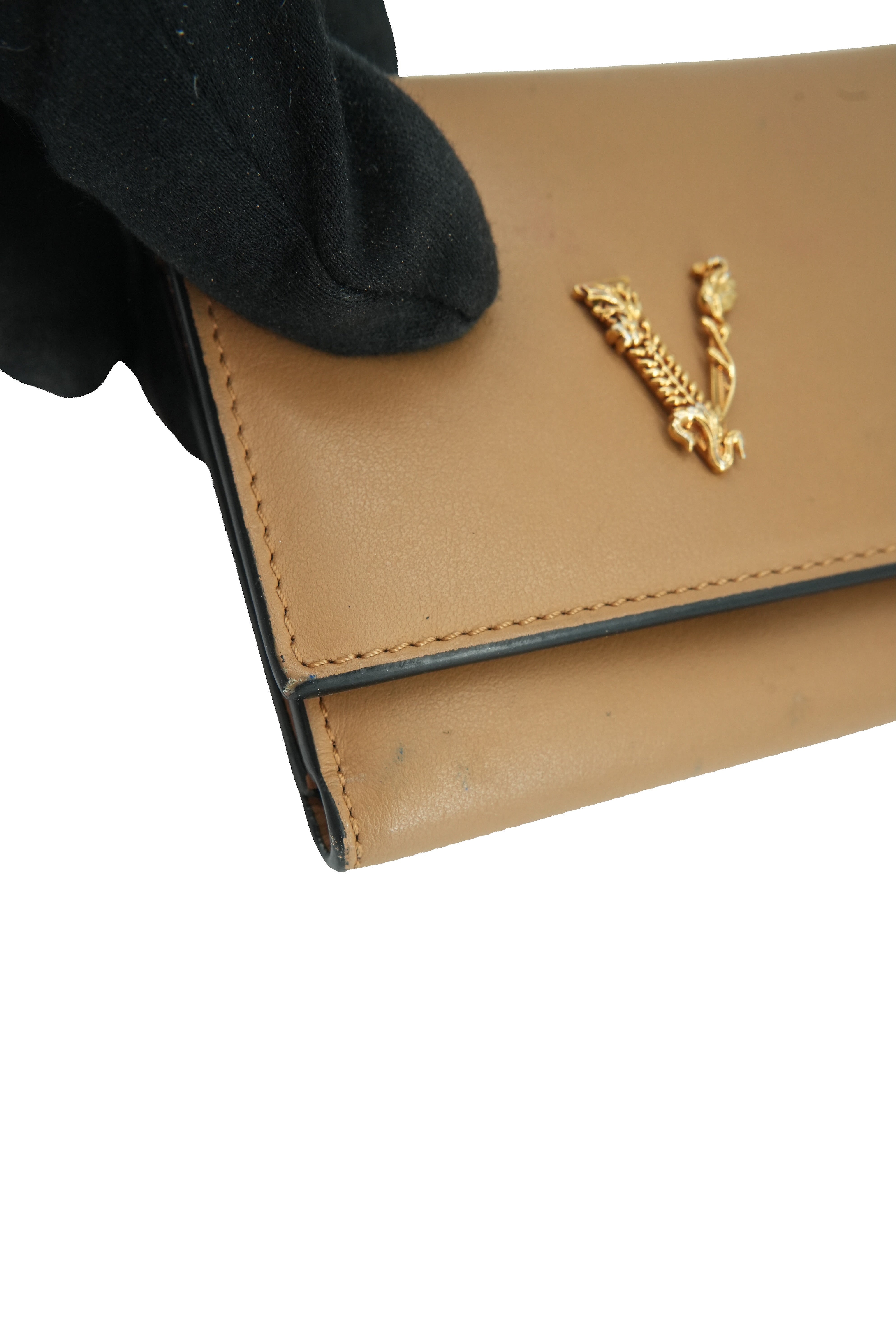Versace brown leather Virtus V tri fold wallet