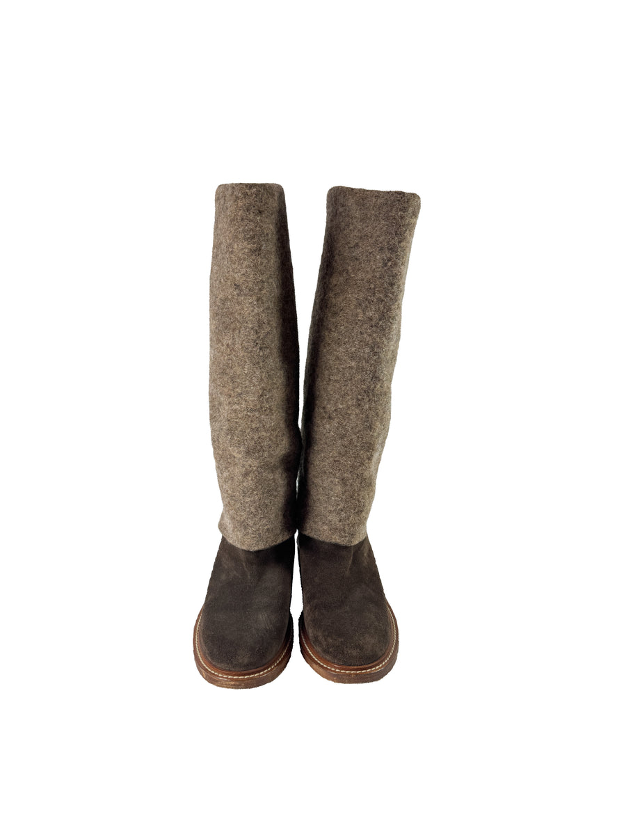 CHANEL ブーツ ブラウン 39 Chanel brown wool/suede Interlocking CC fold over boots size