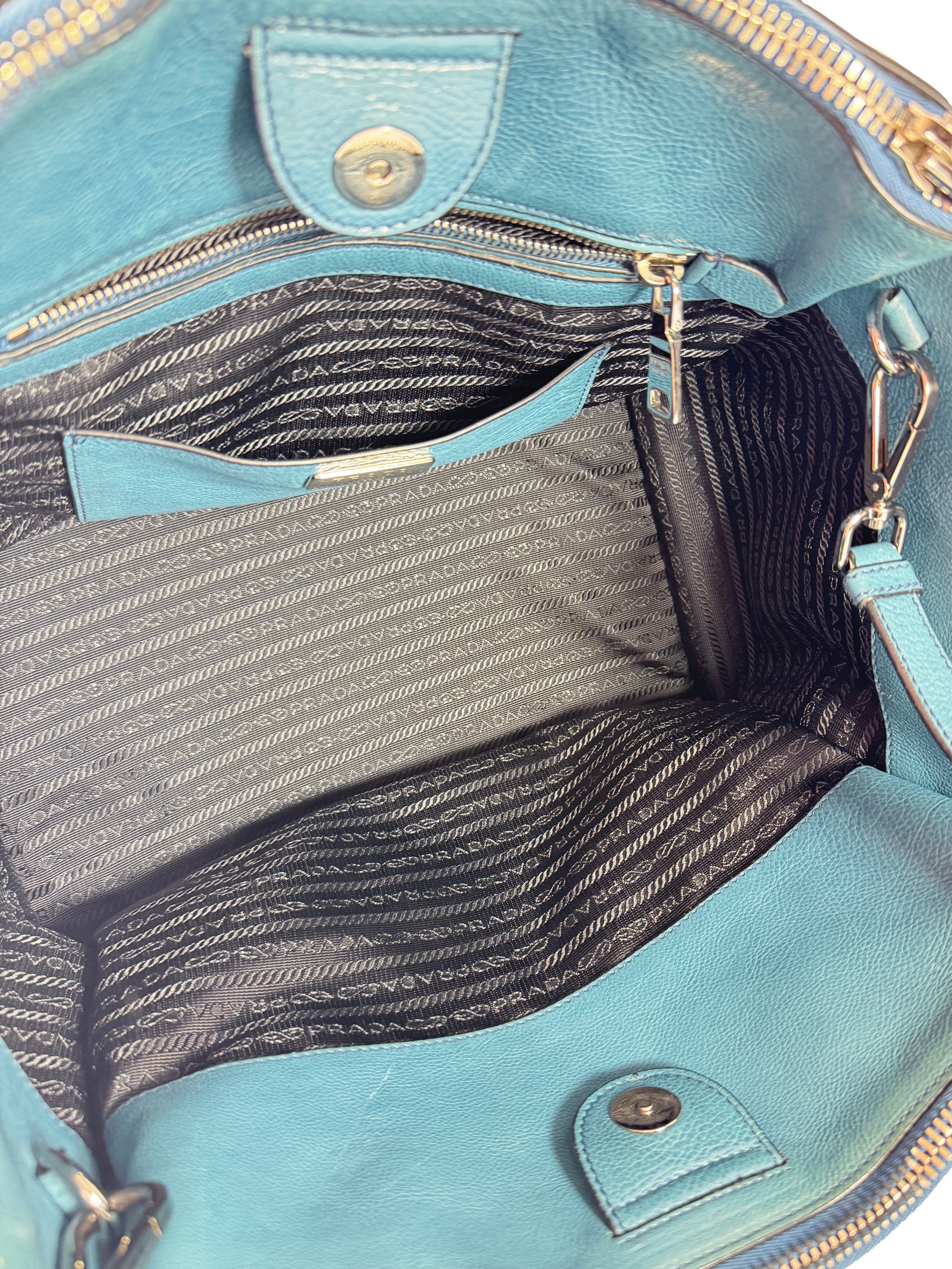 Prada teal twin pocket Glace leather tote 14/O