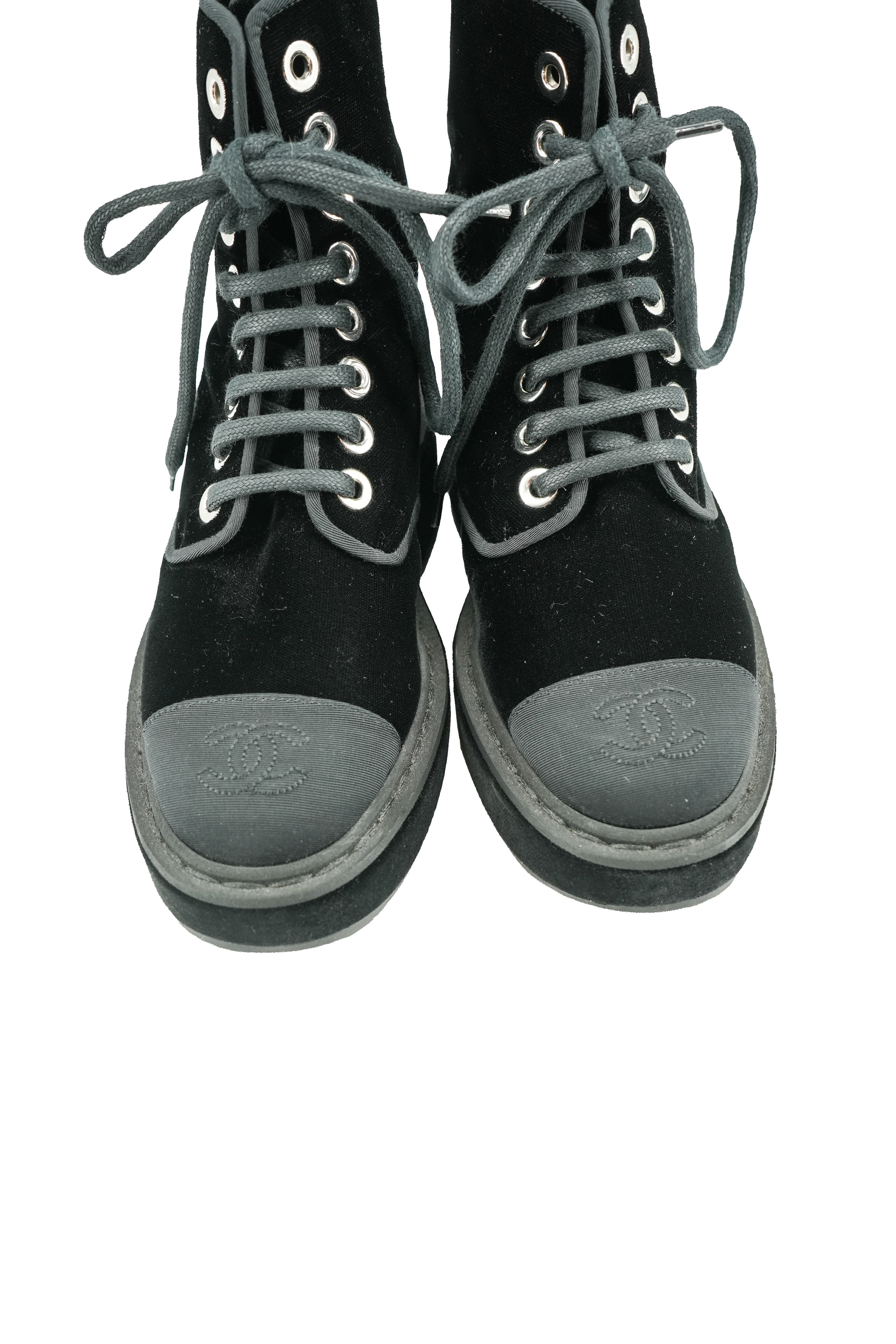 Chanel black velvet platform combag boots size 35