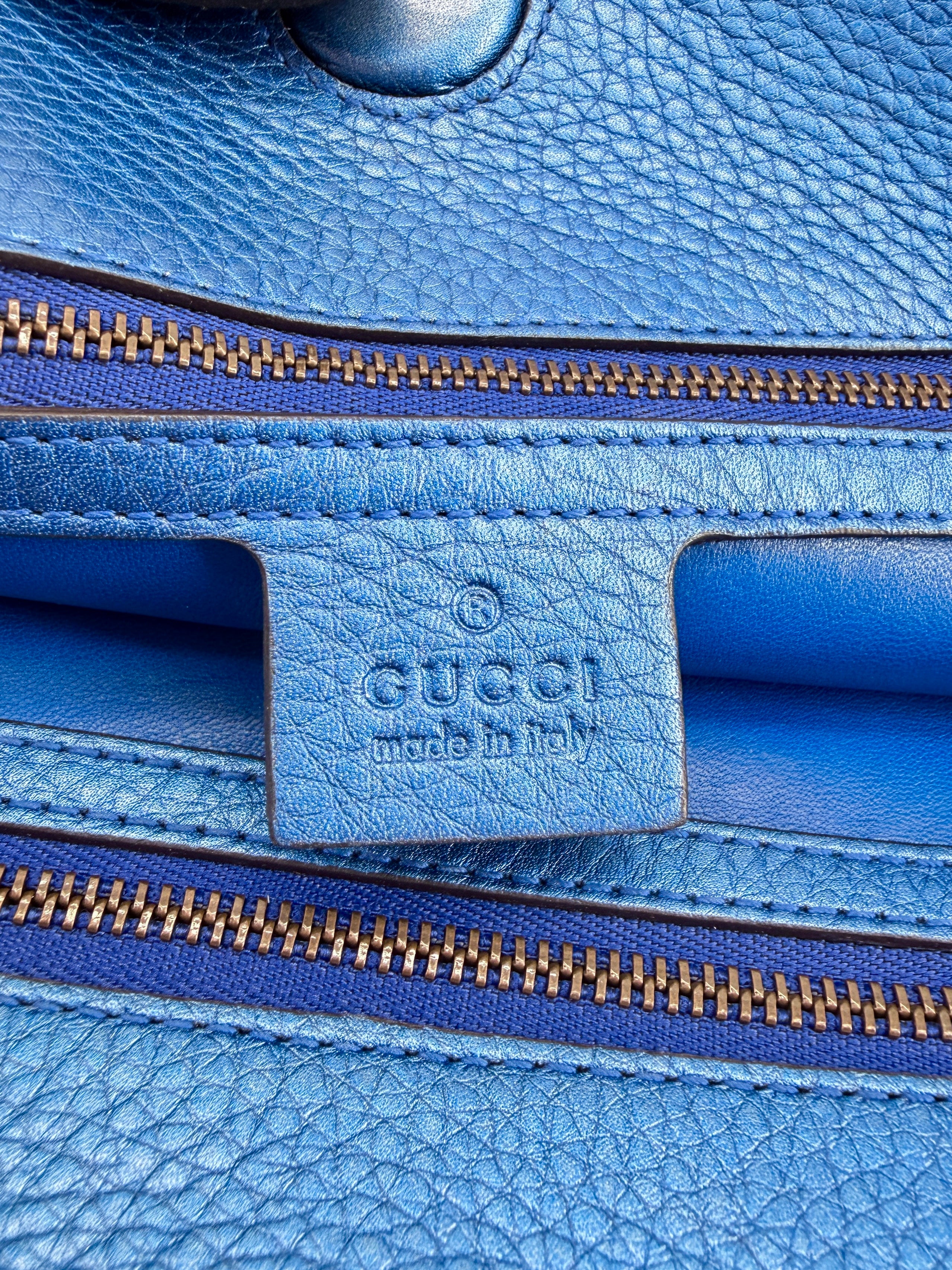Gucci blue metallic leather bamboo tassel Nouveau clutch 347108 204991