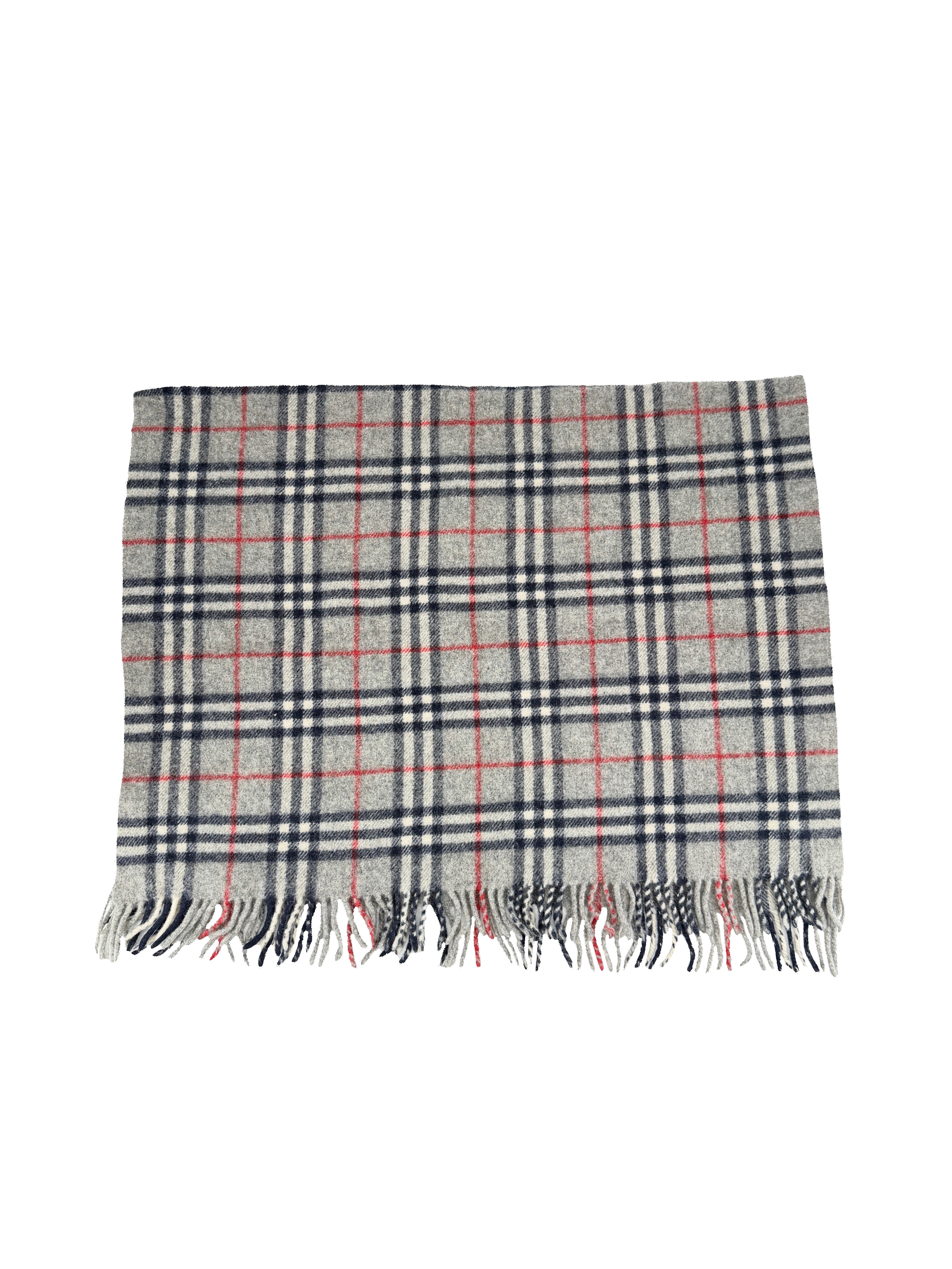 Burberry gray, red, navy plaid scarf