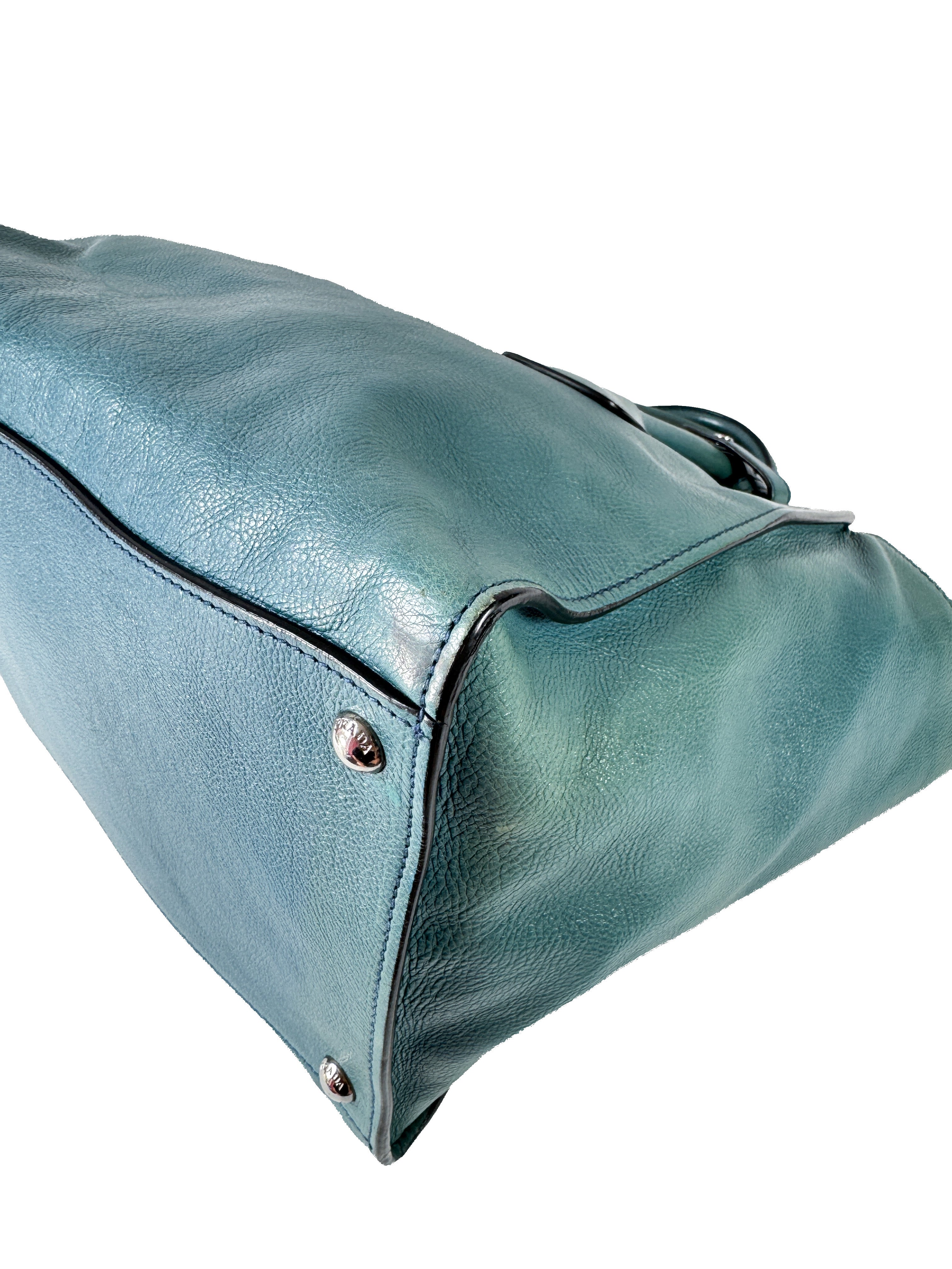 Prada teal twin pocket Glace leather tote 14/O