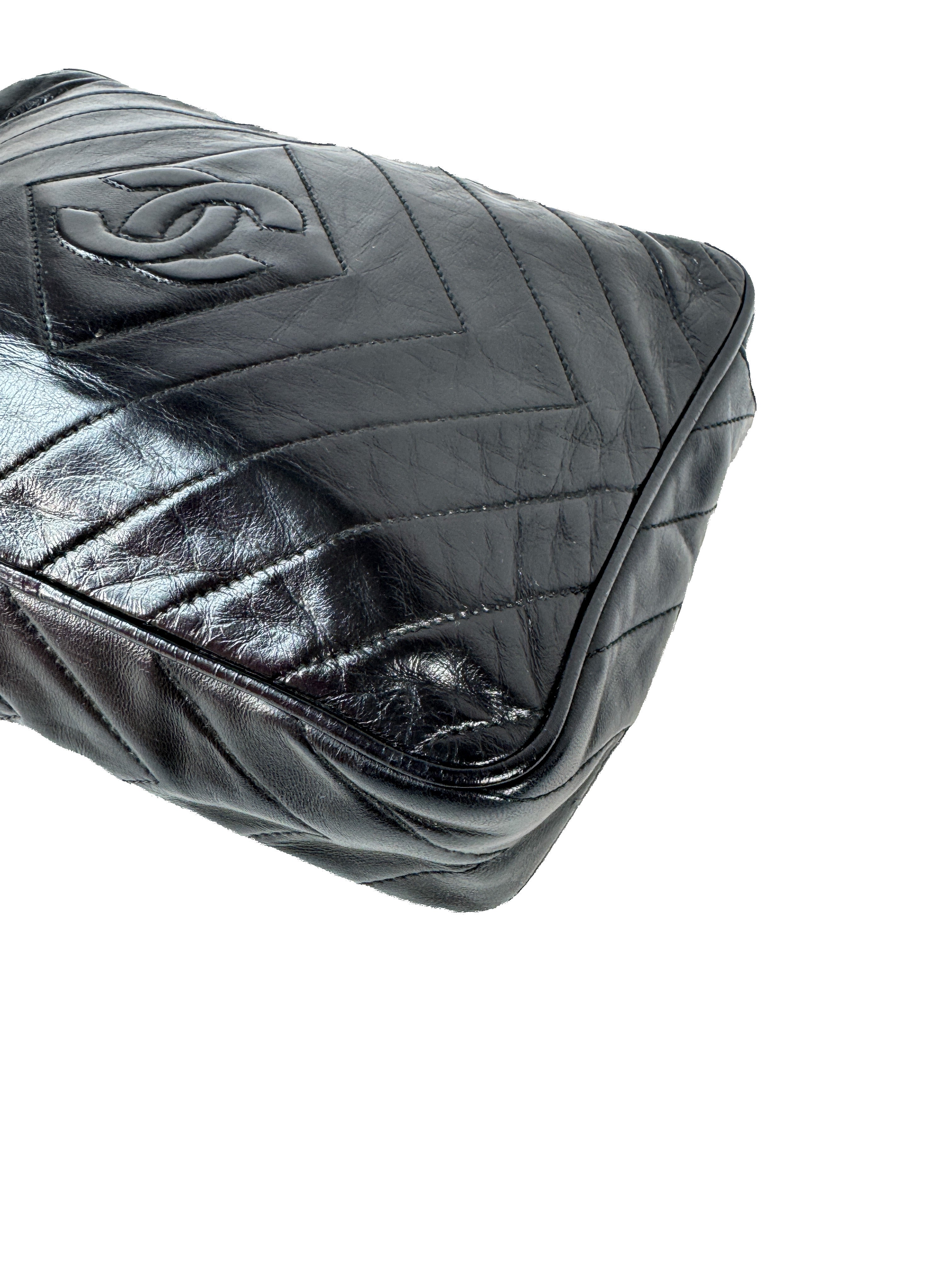 Chanel black leather chevon CC camera crossbody 1989746