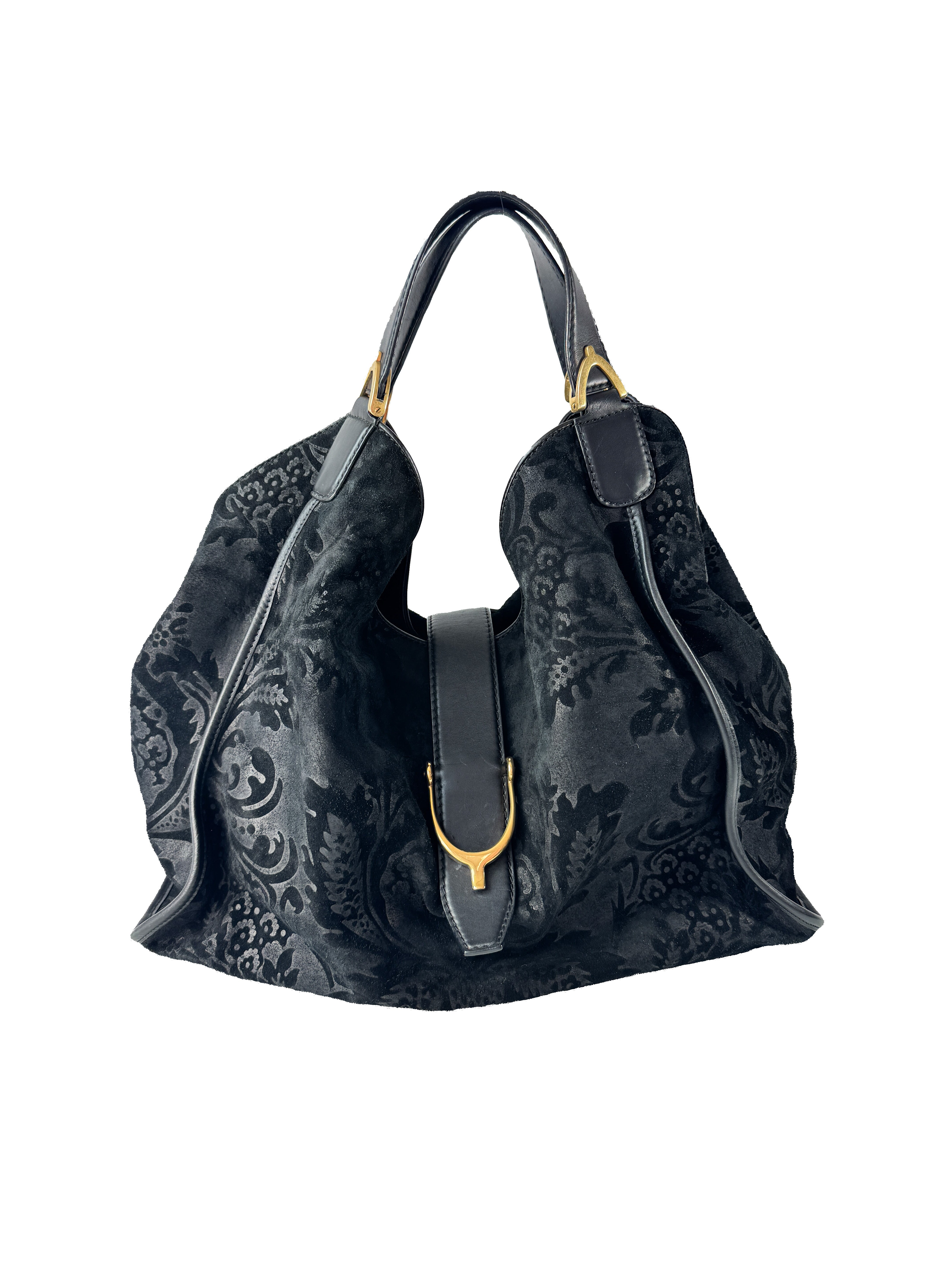 Gucci Black Soft Stirrup Tote Brocade Leather Large 296855002123