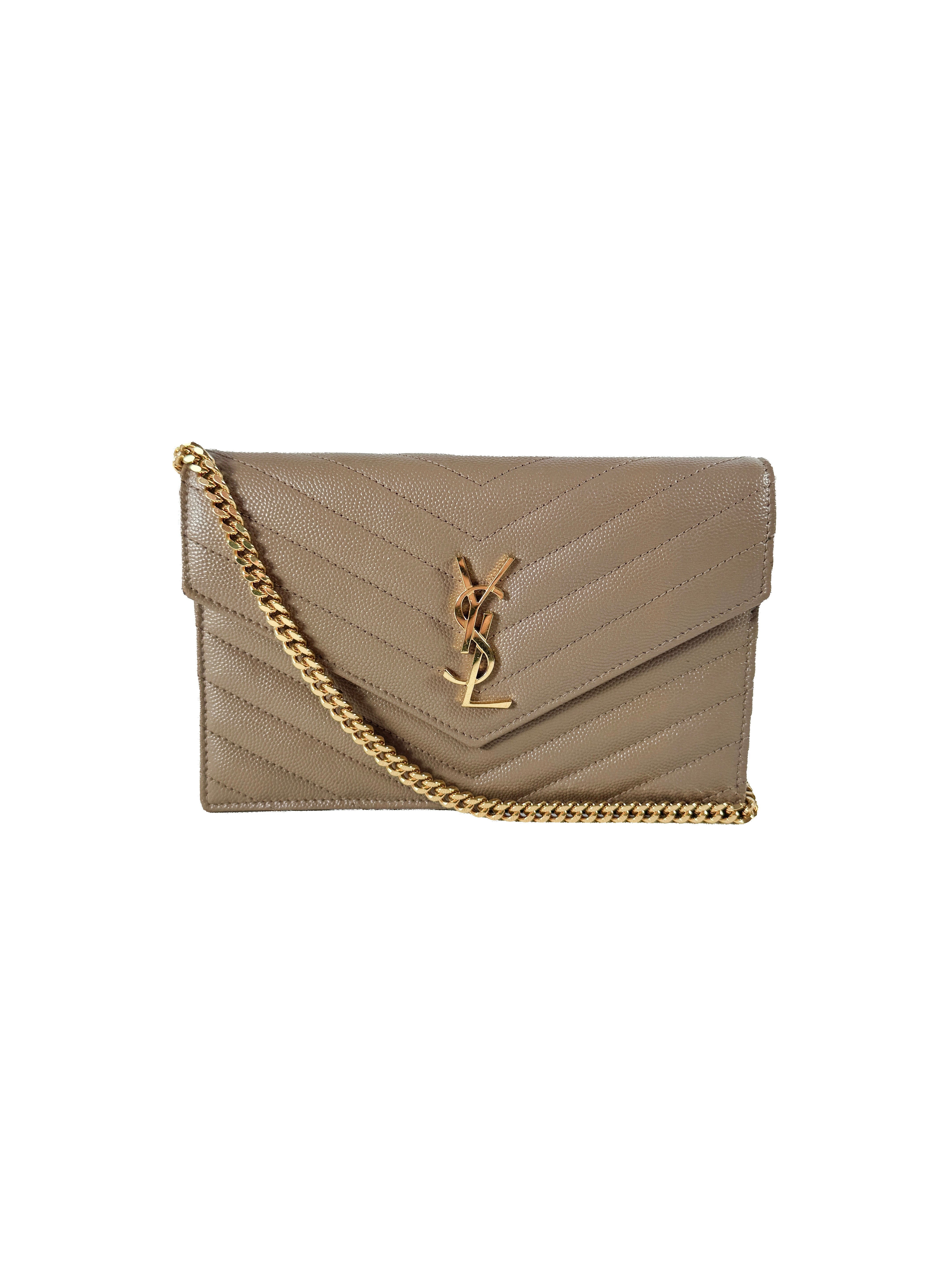 Saint Laurent chevron Cassandre grain de poudre chain wallet dark beige YBL695108 0822