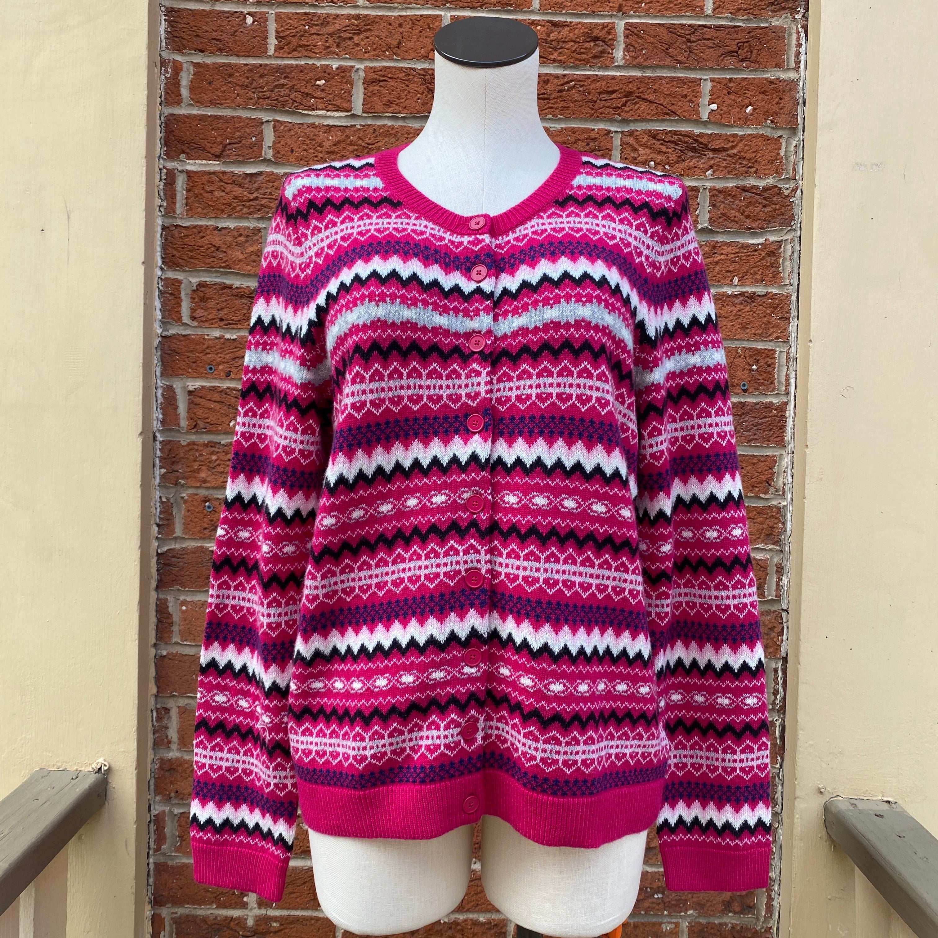 Talbots hot pink print button up cardigan size Large New With Tags