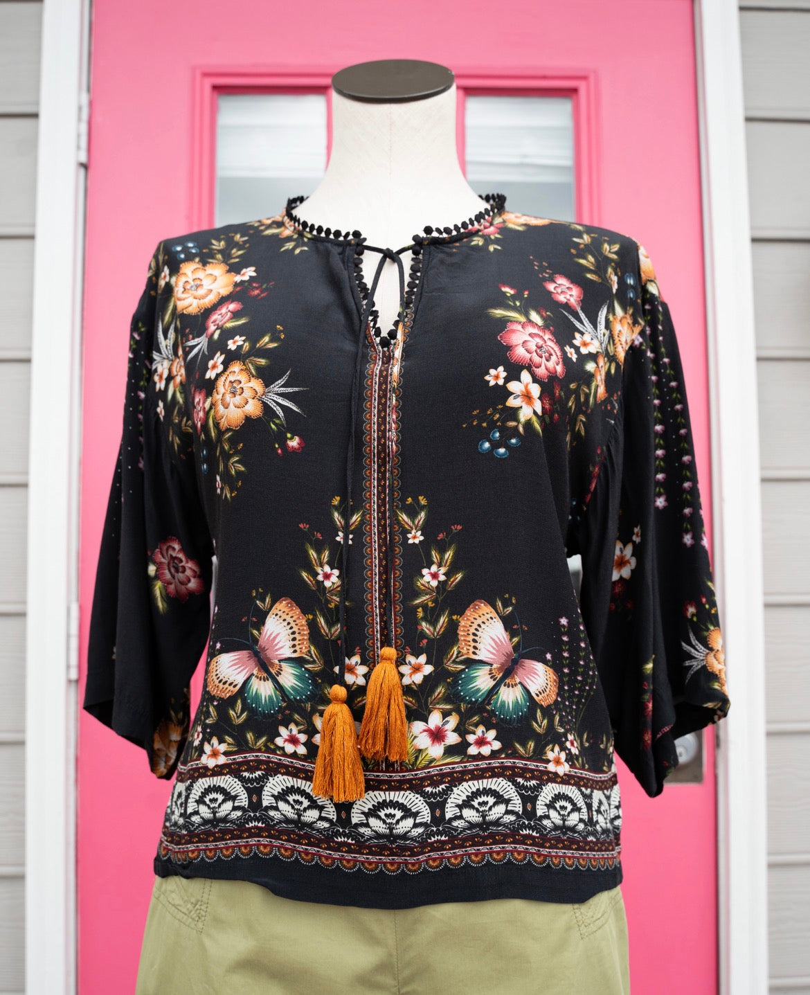 FARM RIO for Anthropologie black floral top size XS
