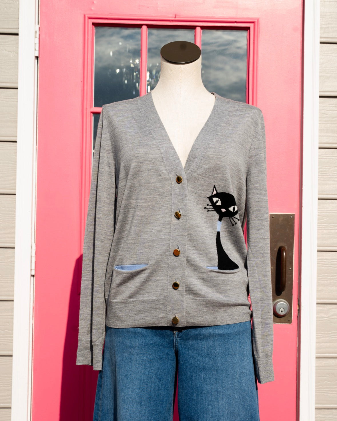 Kate Spade gray cat cardigan size L