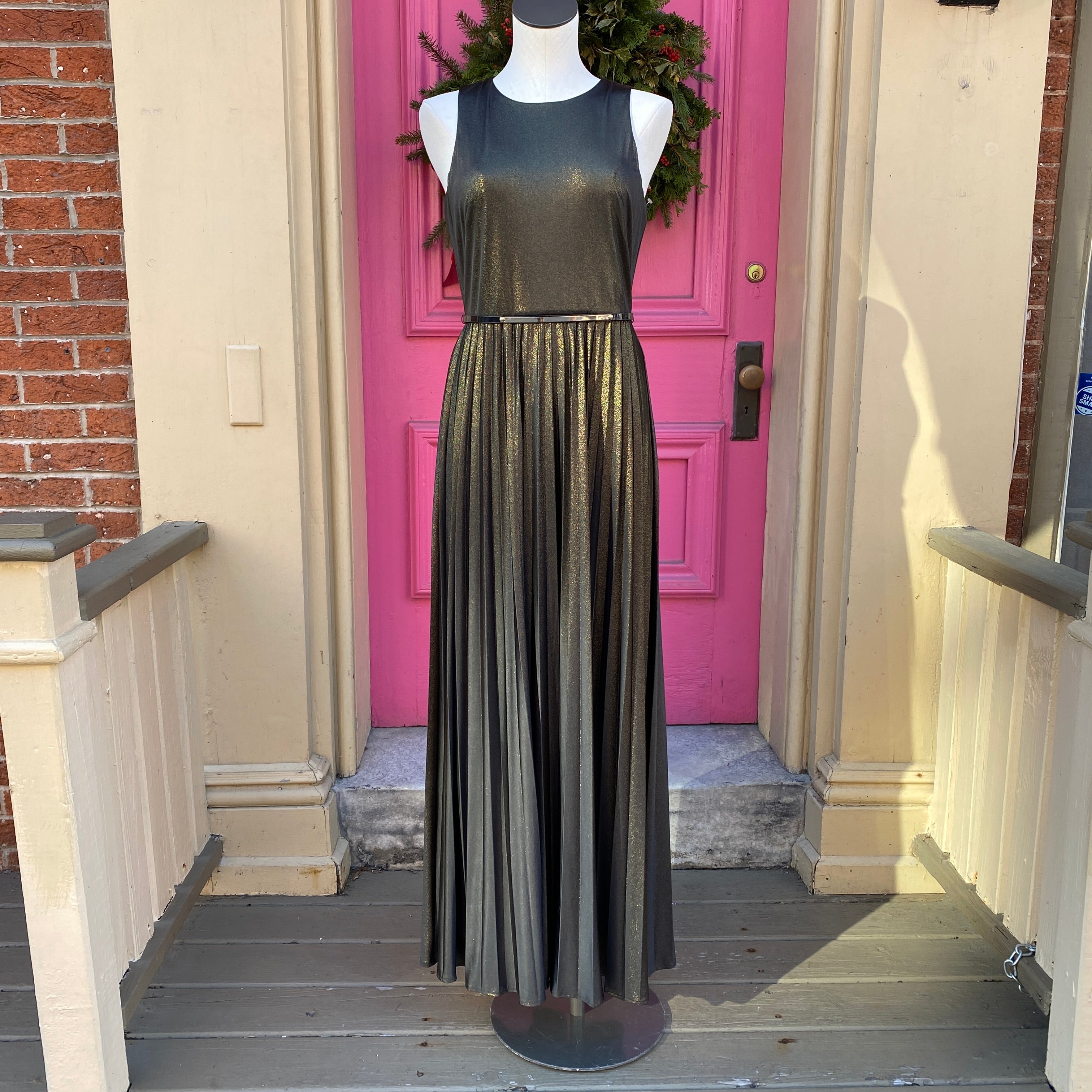 Black and 2024 gold pleated dress