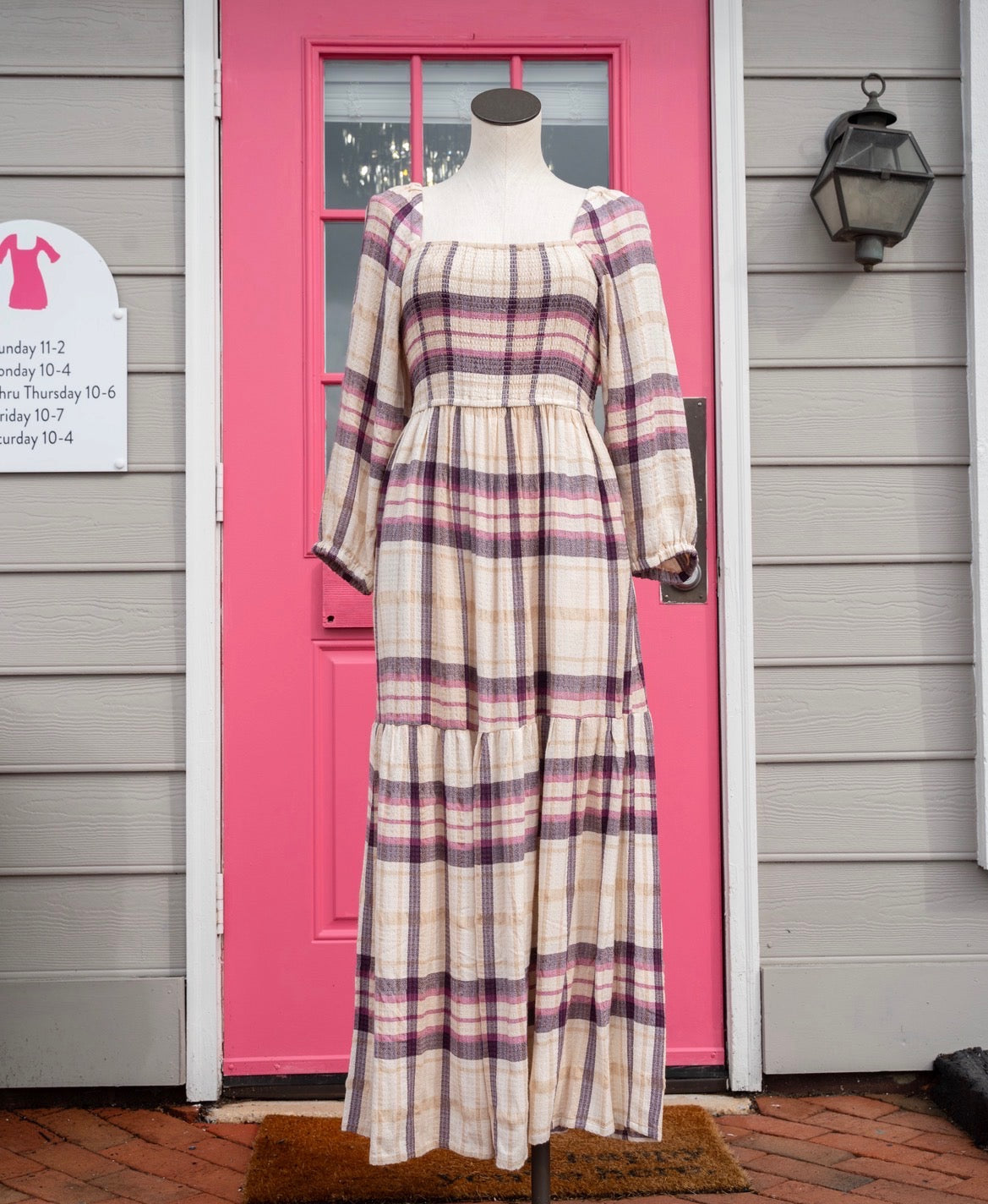 Marine Layer cream purple plaid LS dress size M NWT