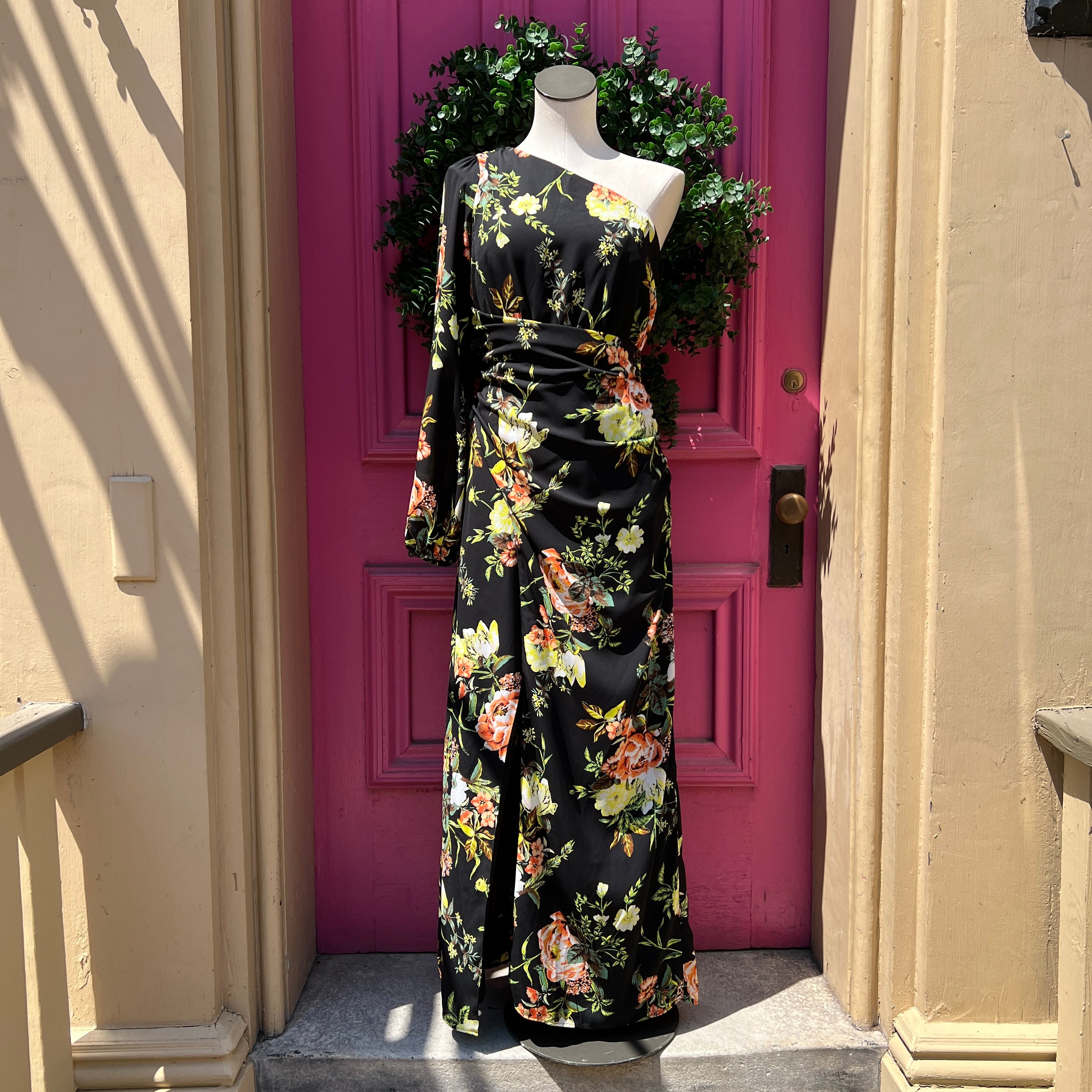 Rachel Zoe black yellow white floral one shoulder dress size 6 NWT