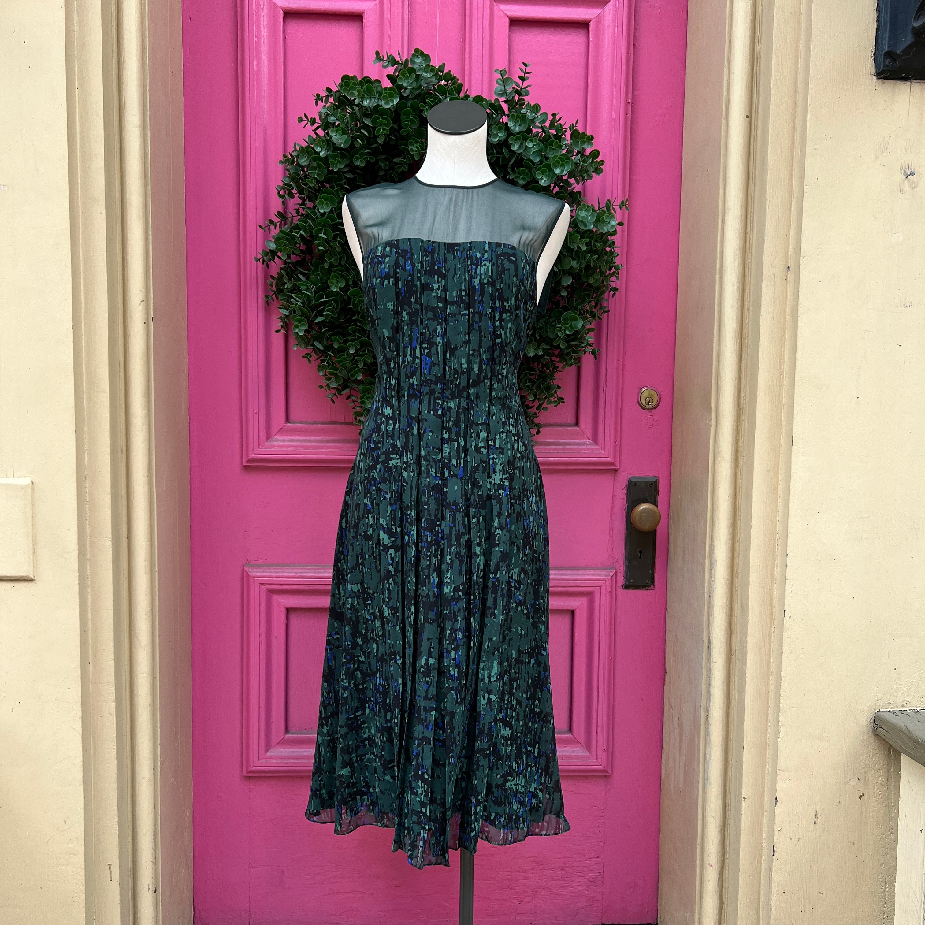 Jason Wu olive, navy, and black print pleated dress size 10