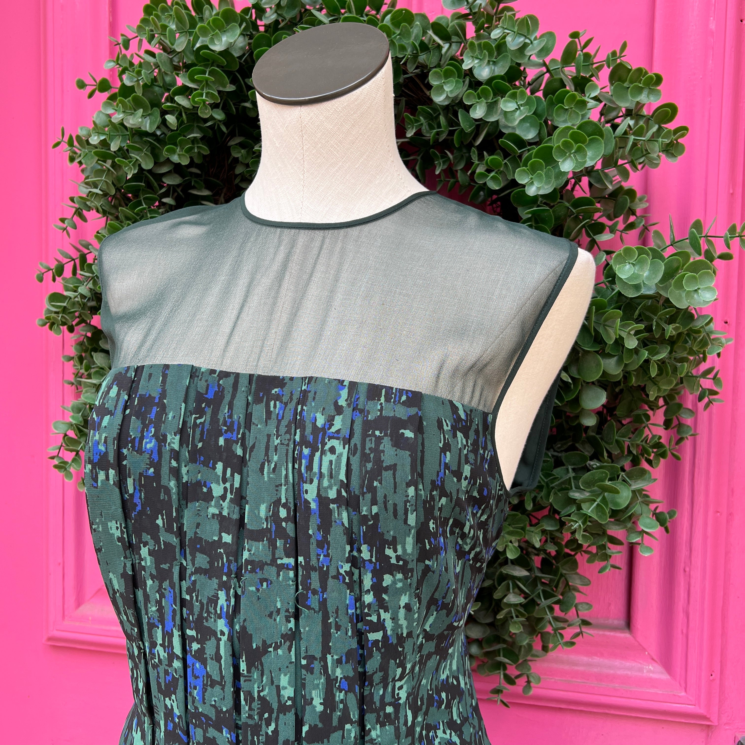 Jason Wu olive, navy, and black print pleated dress size 10