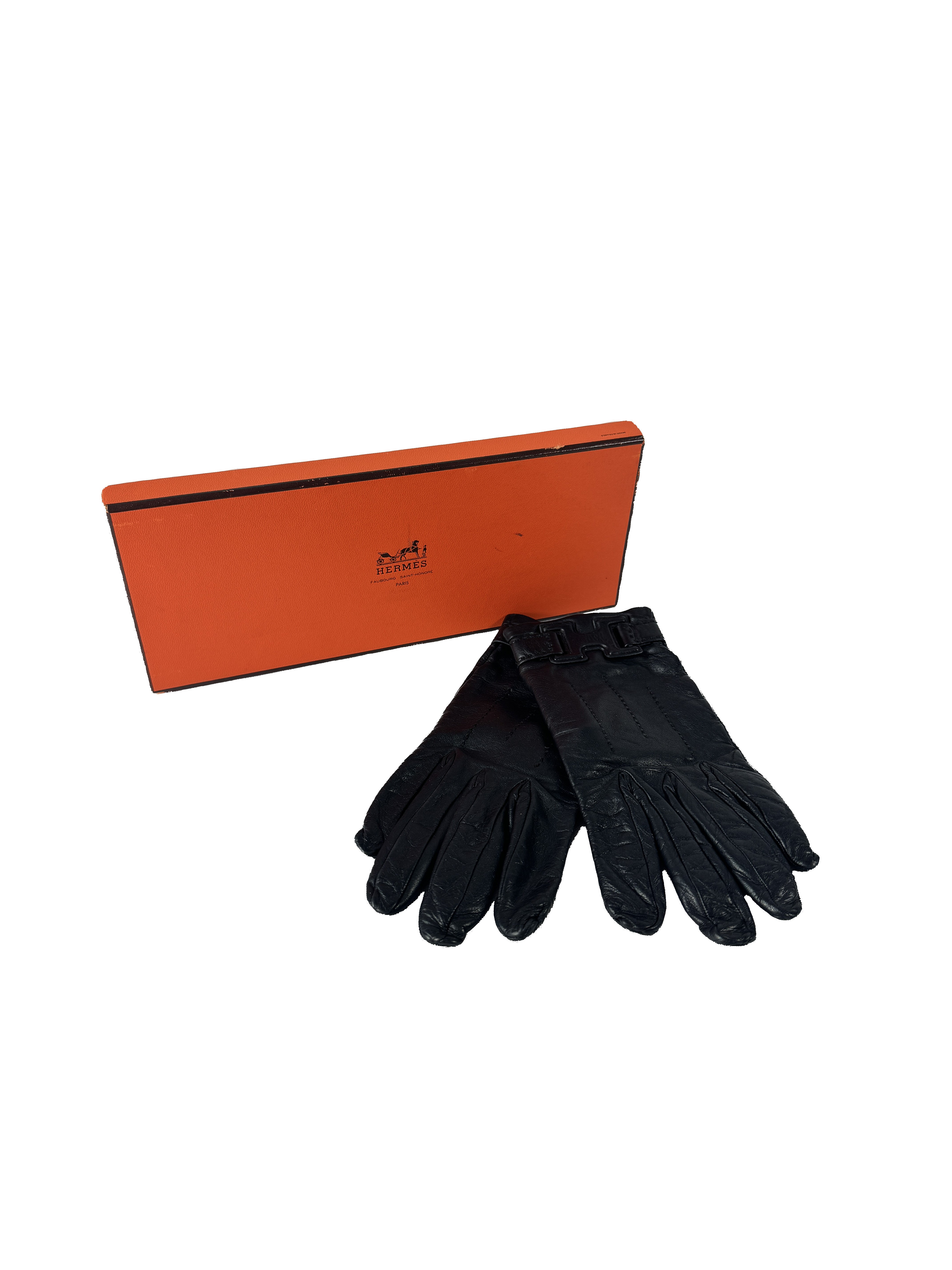 Hermès black leather H gloves size 7