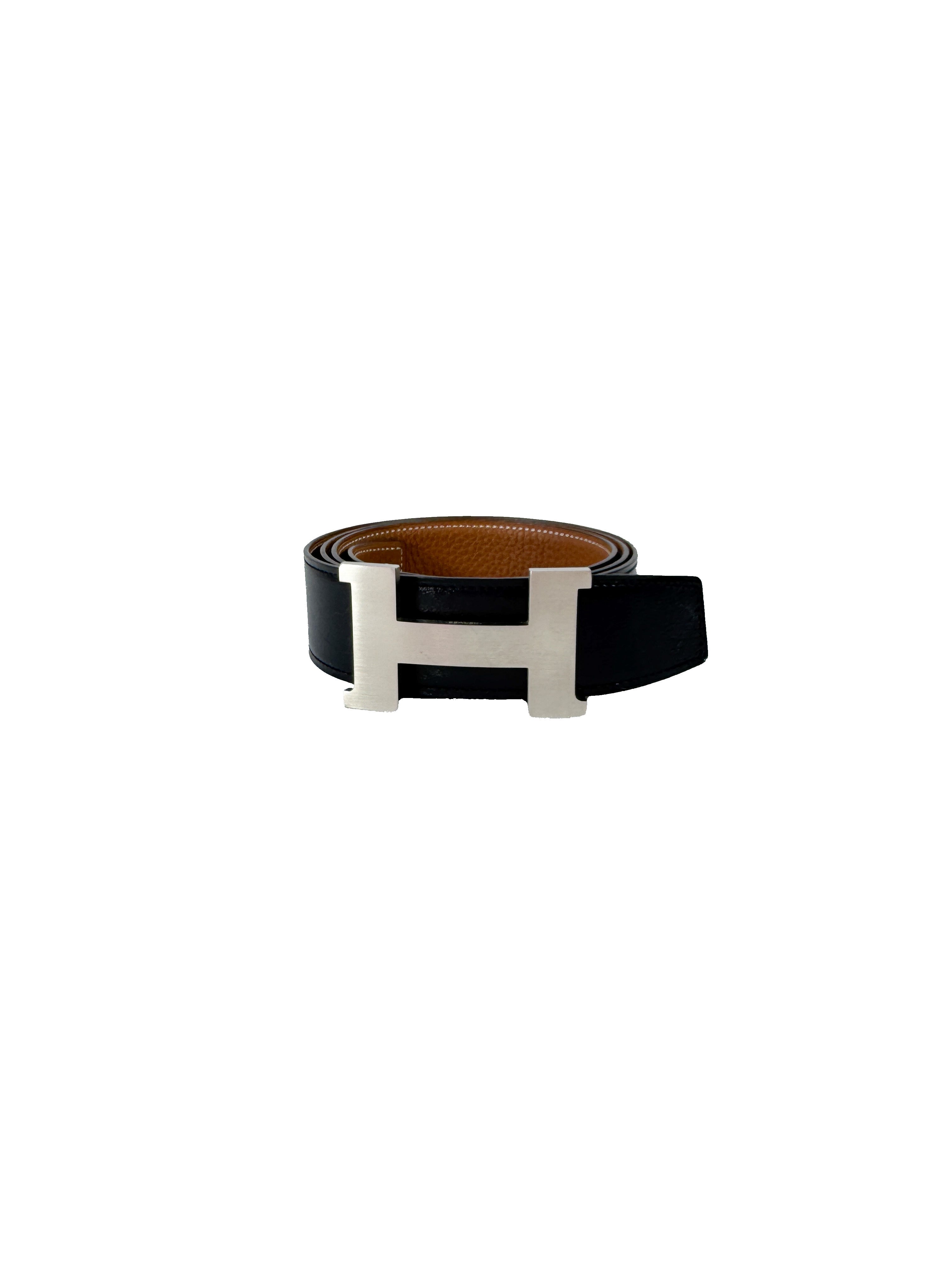 Hermès black leather matte silver Constance H belt size 100 SP 11 28