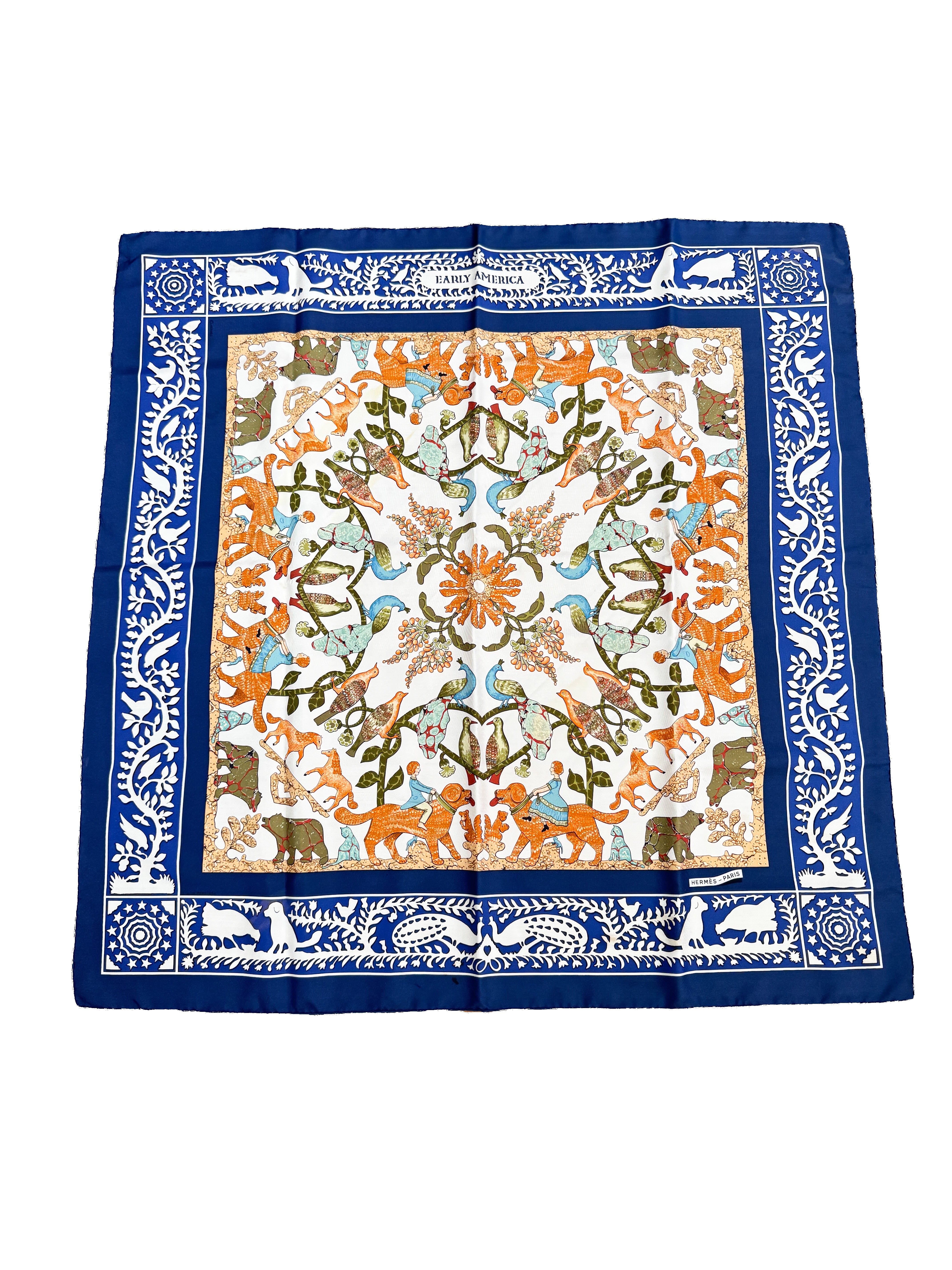 Hermès navy Early America 90cm silk scarf *as is*