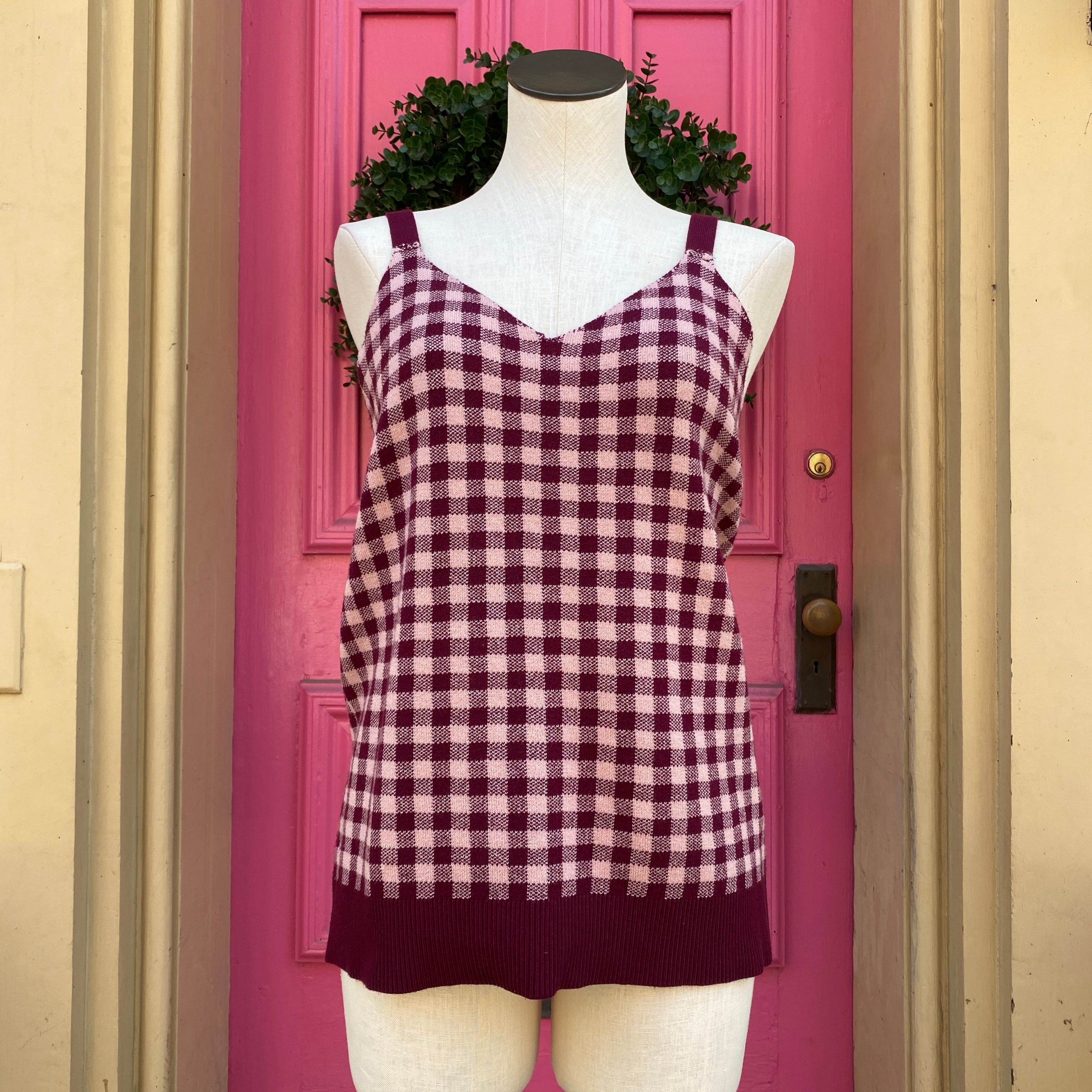 Molly & Isadora pink and burgundy plaid tank cardigan set size 2X