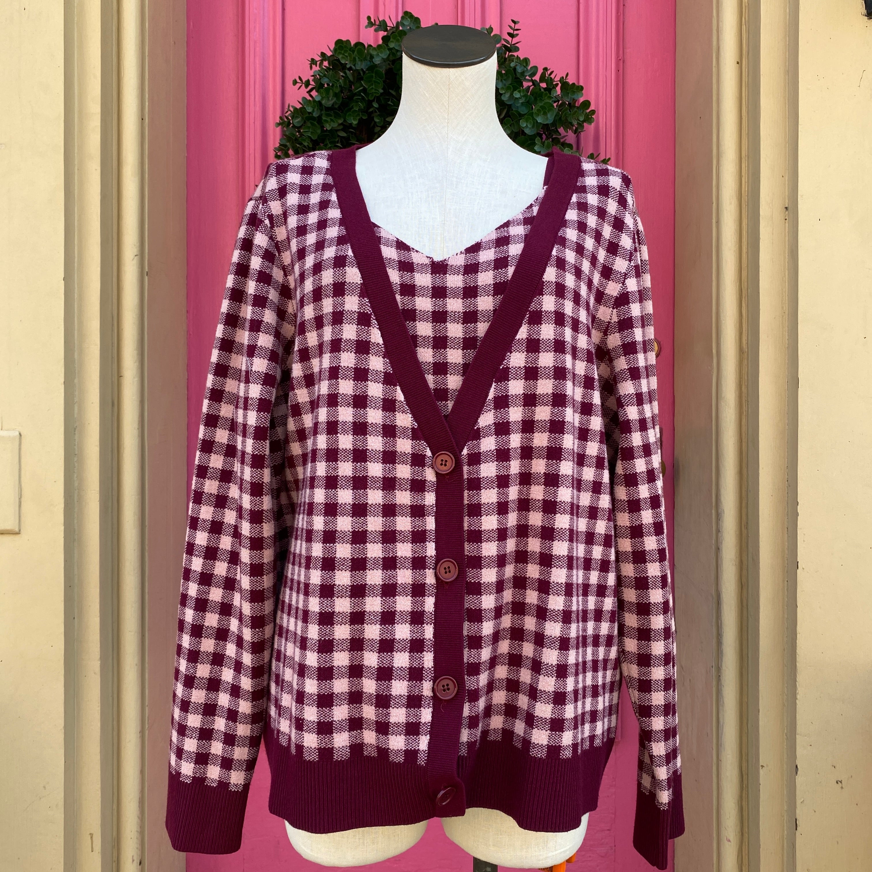 Molly & Isadora pink and burgundy plaid tank cardigan set size 2X