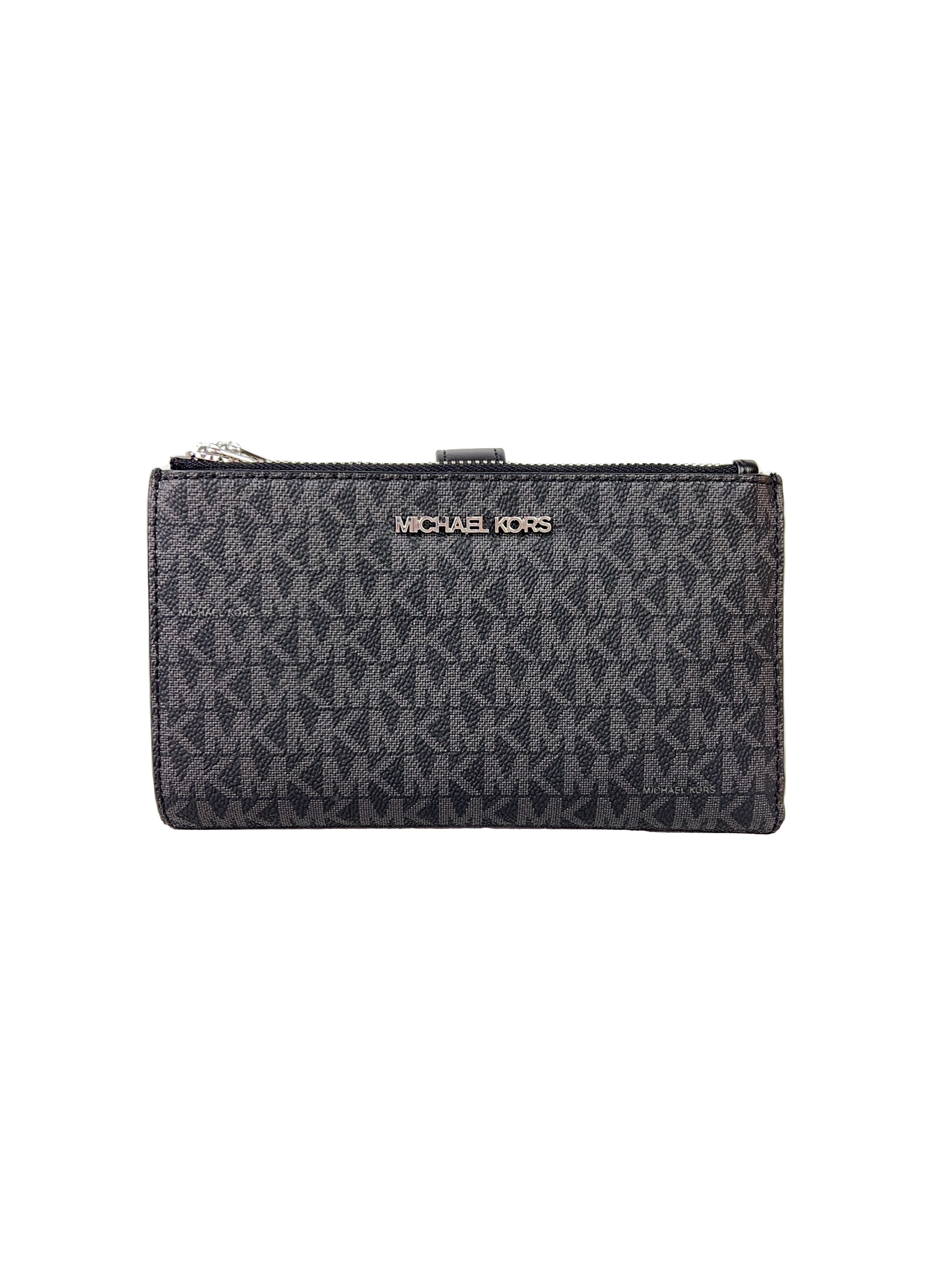 Michael Kors Black x Grey Monogram MK Jetset Chain Wallet Wristlet