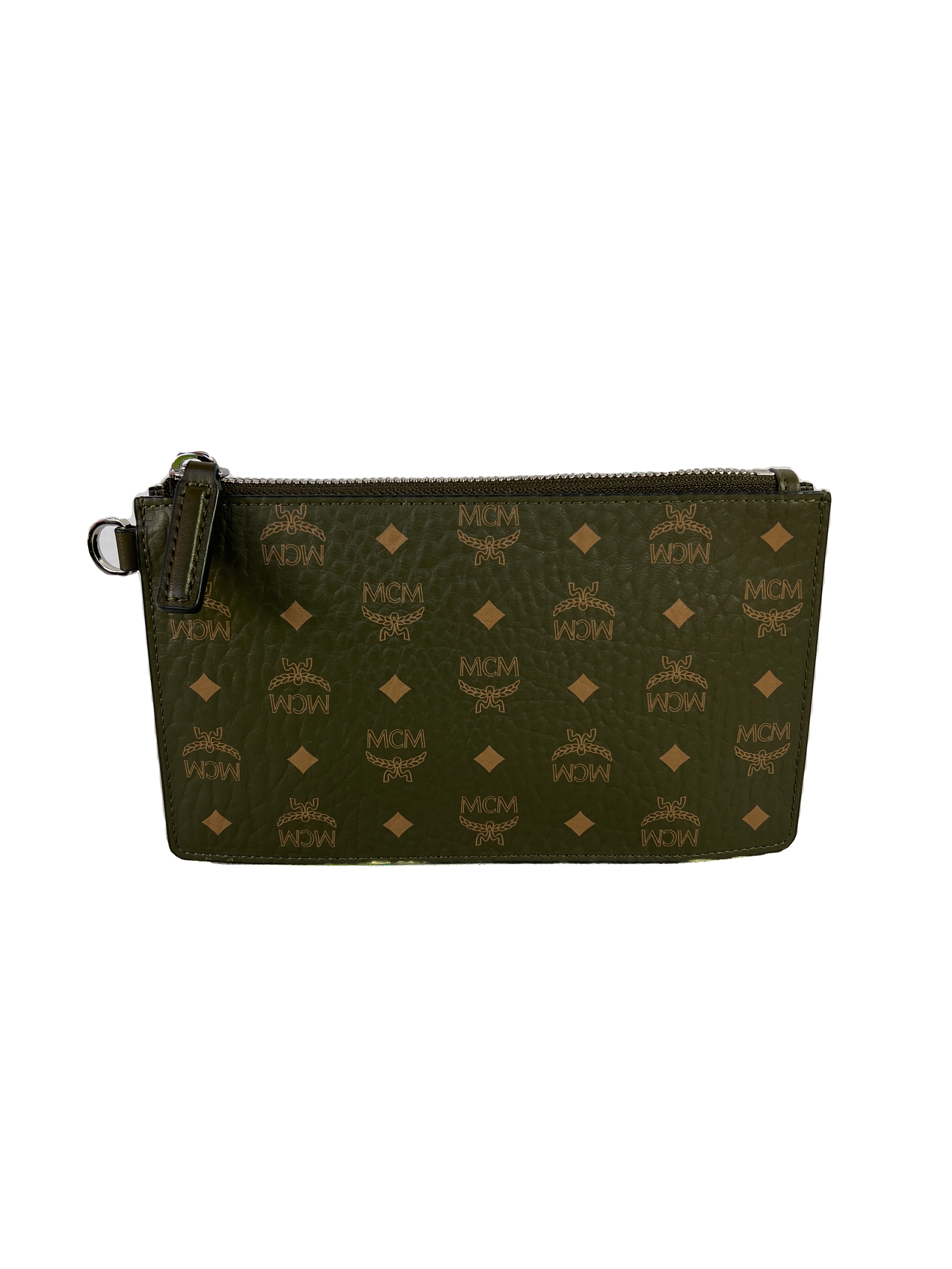 MCM olive visetos leather medium zip pouch