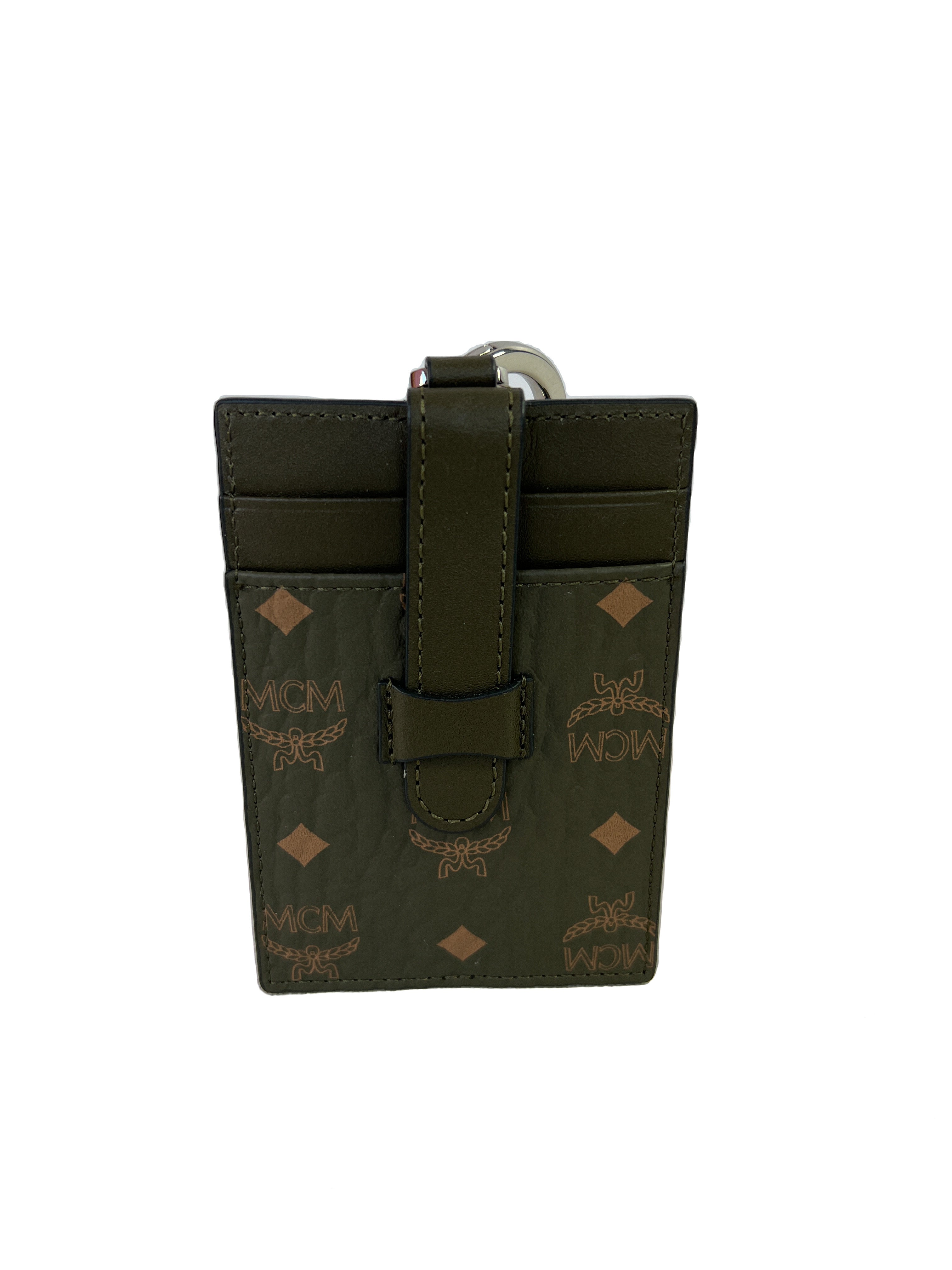 MCM olive visetos card holder keychain