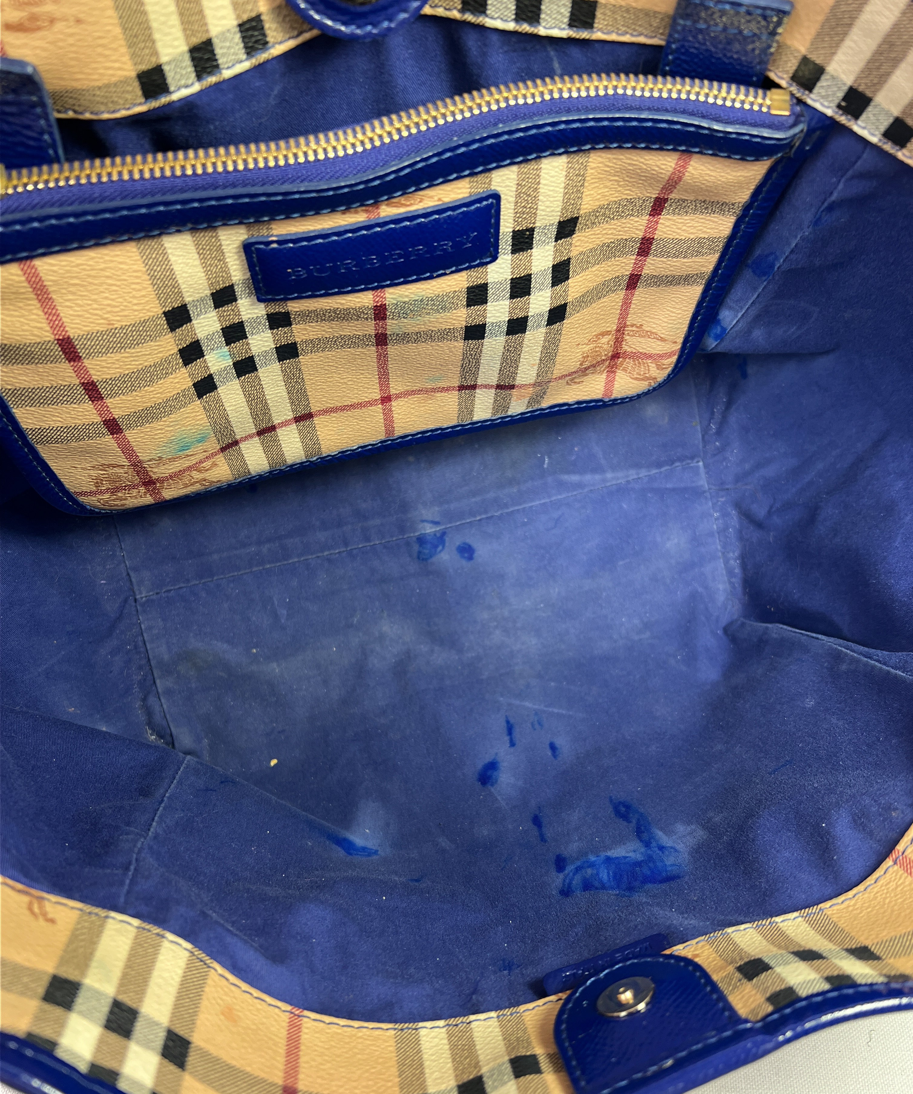 Burberry plaid and royal blue tote