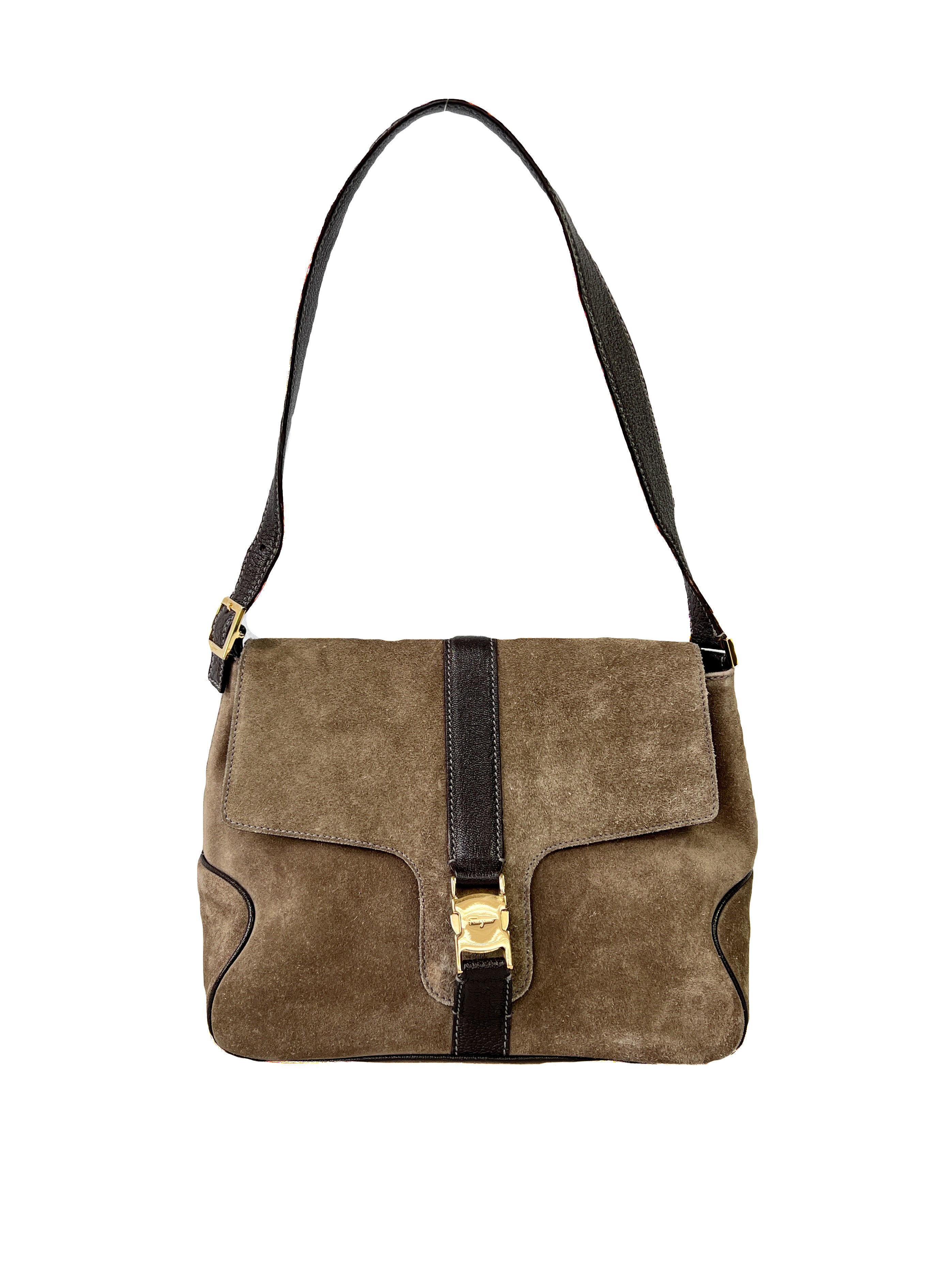 Salvatore Ferragamo taupe suede shoulder bag