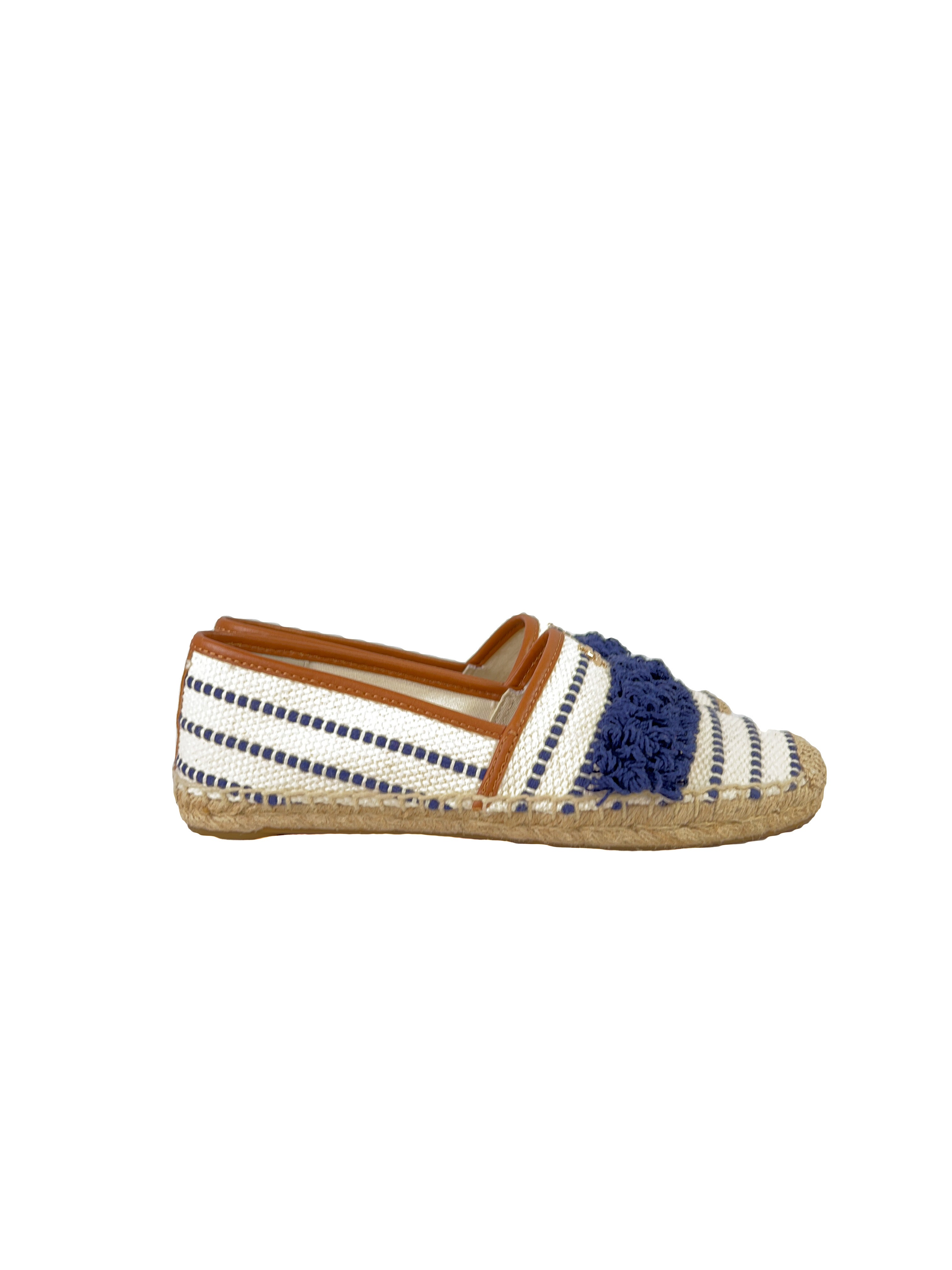 Tory Burch cream navy Shaw fringe espadrille flats size 7.5
