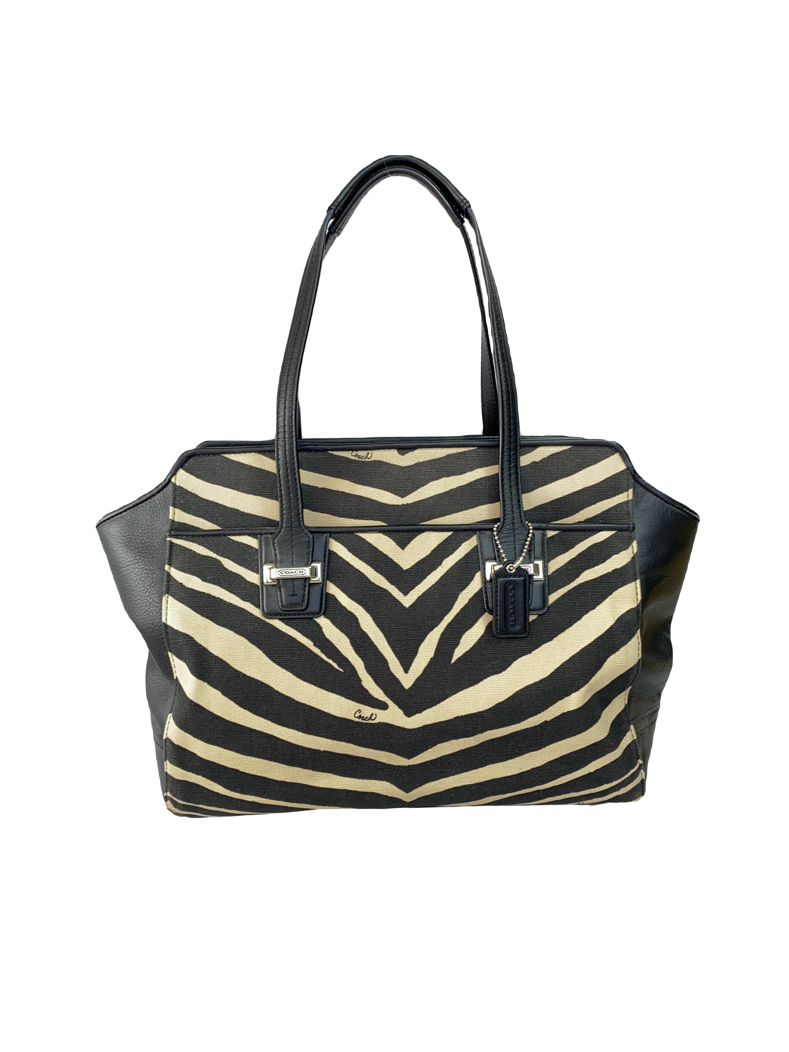 Coach black & beige zebra print tote