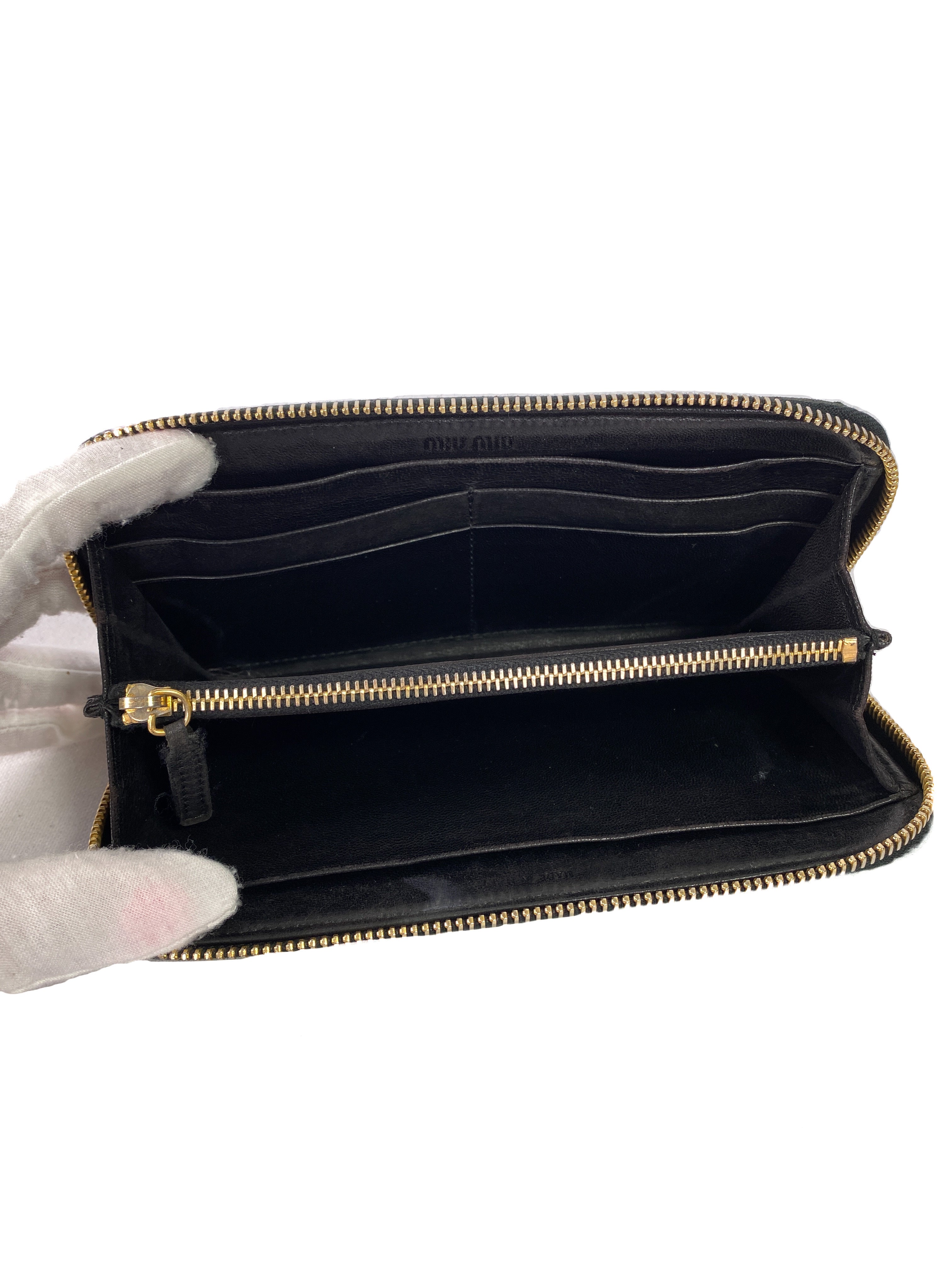 Miu Miu black leather and velour zip around wallet