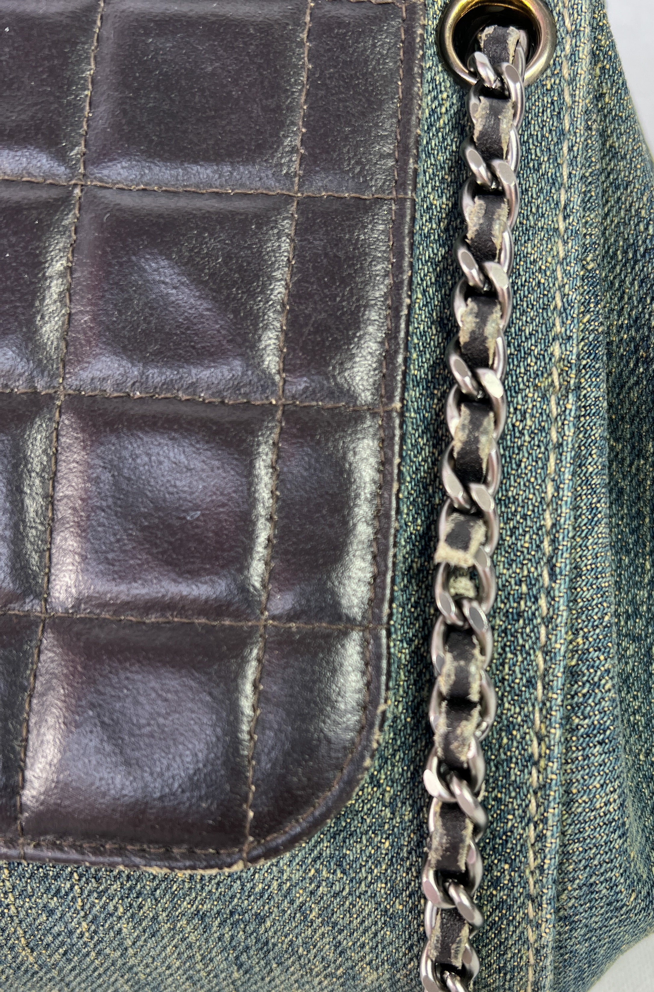 Chanel denim leather chocolate bar flap accordion shoulder bag