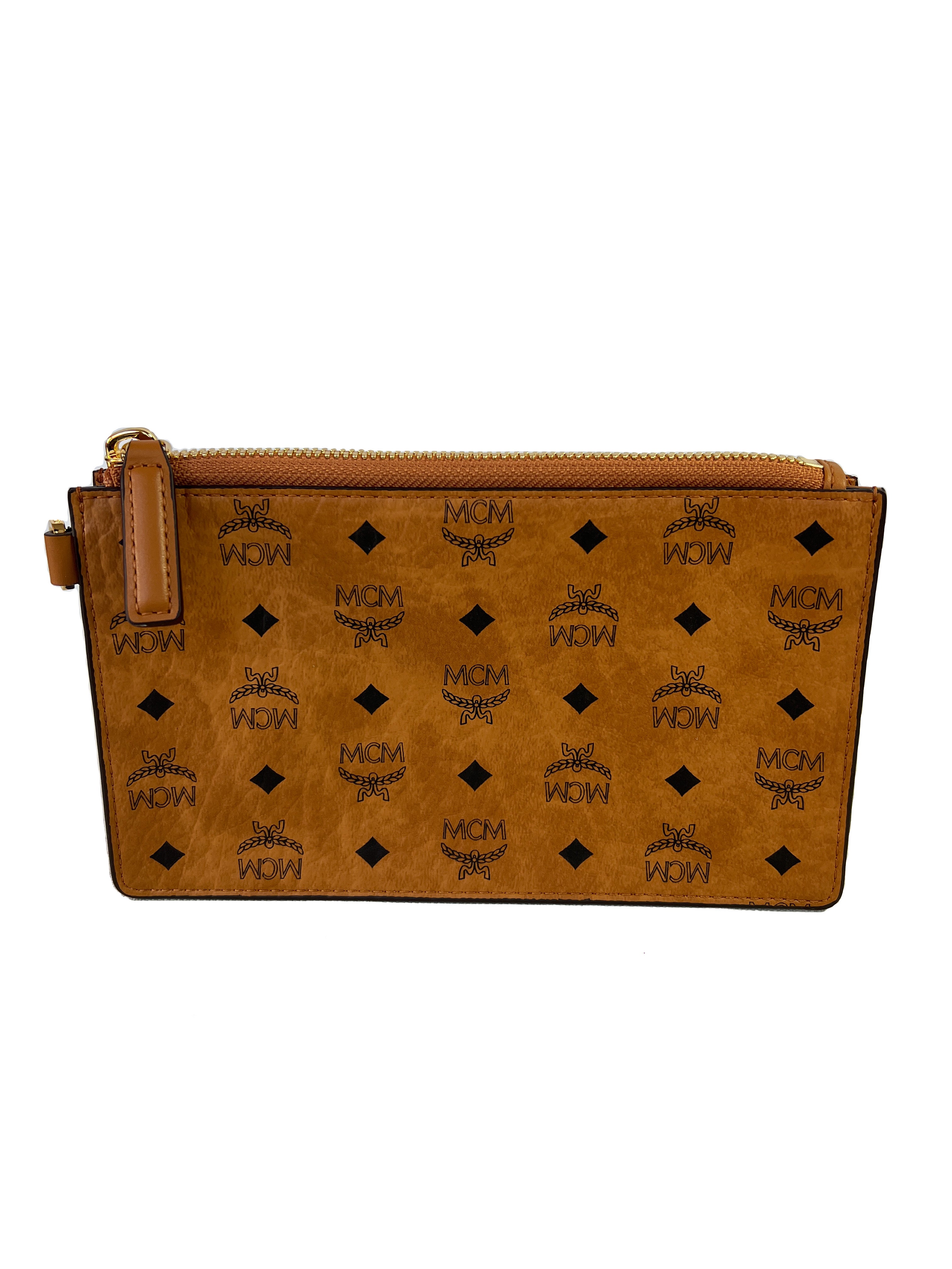 MCM brown visetos leather medium zip pouch