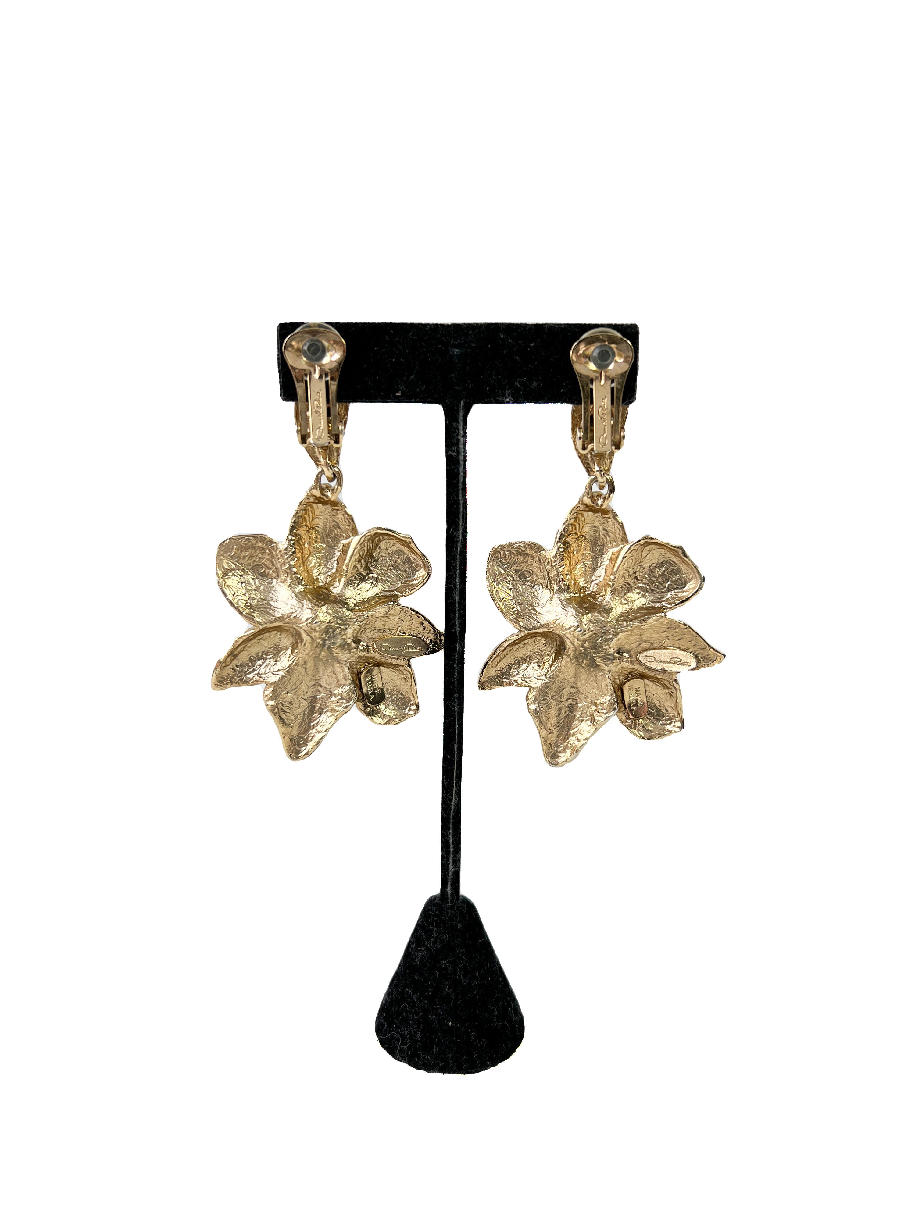 Oscar de la Renta gold tone flower clip on earrings