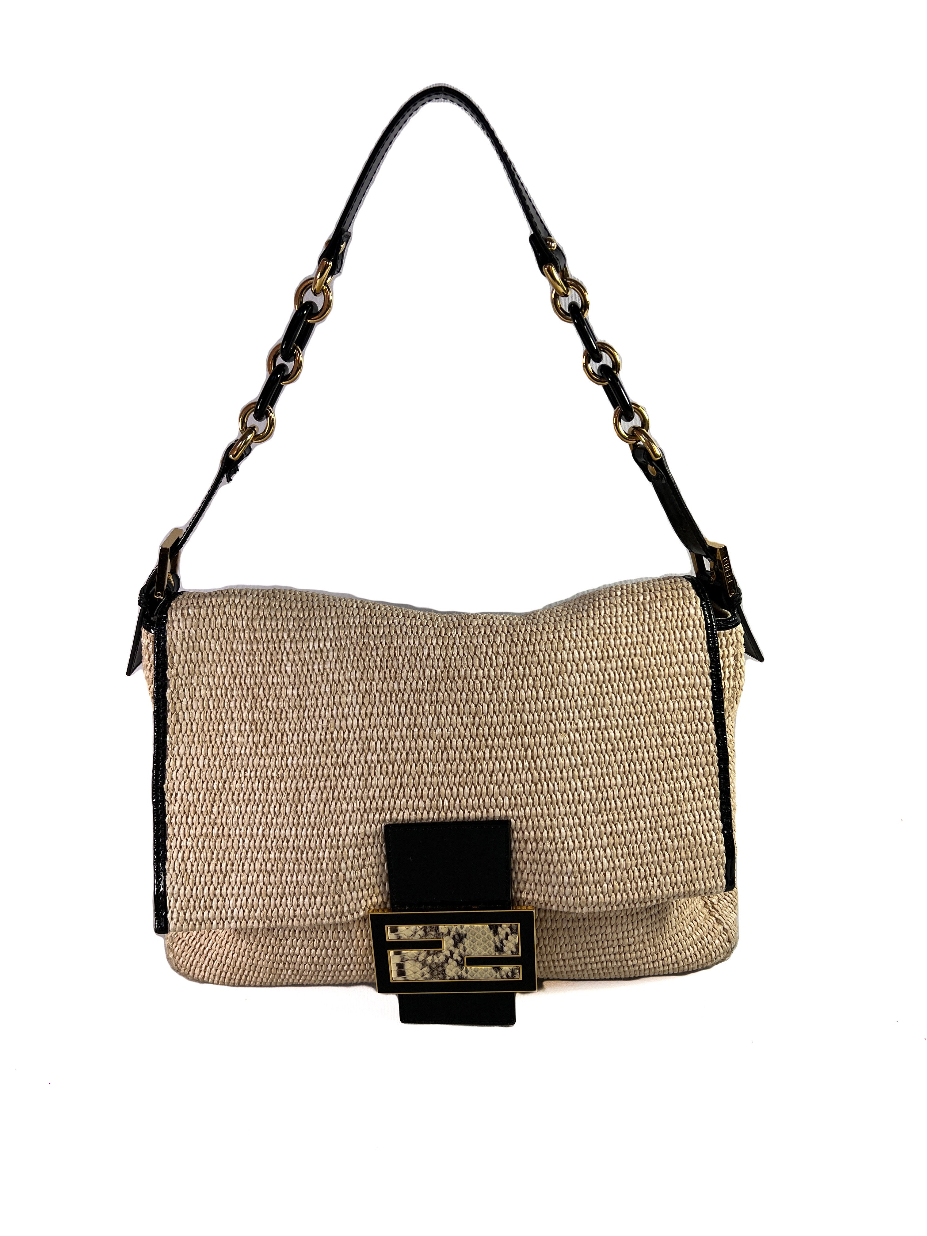 Fendi raffia & black patent mama forever shoulder bag