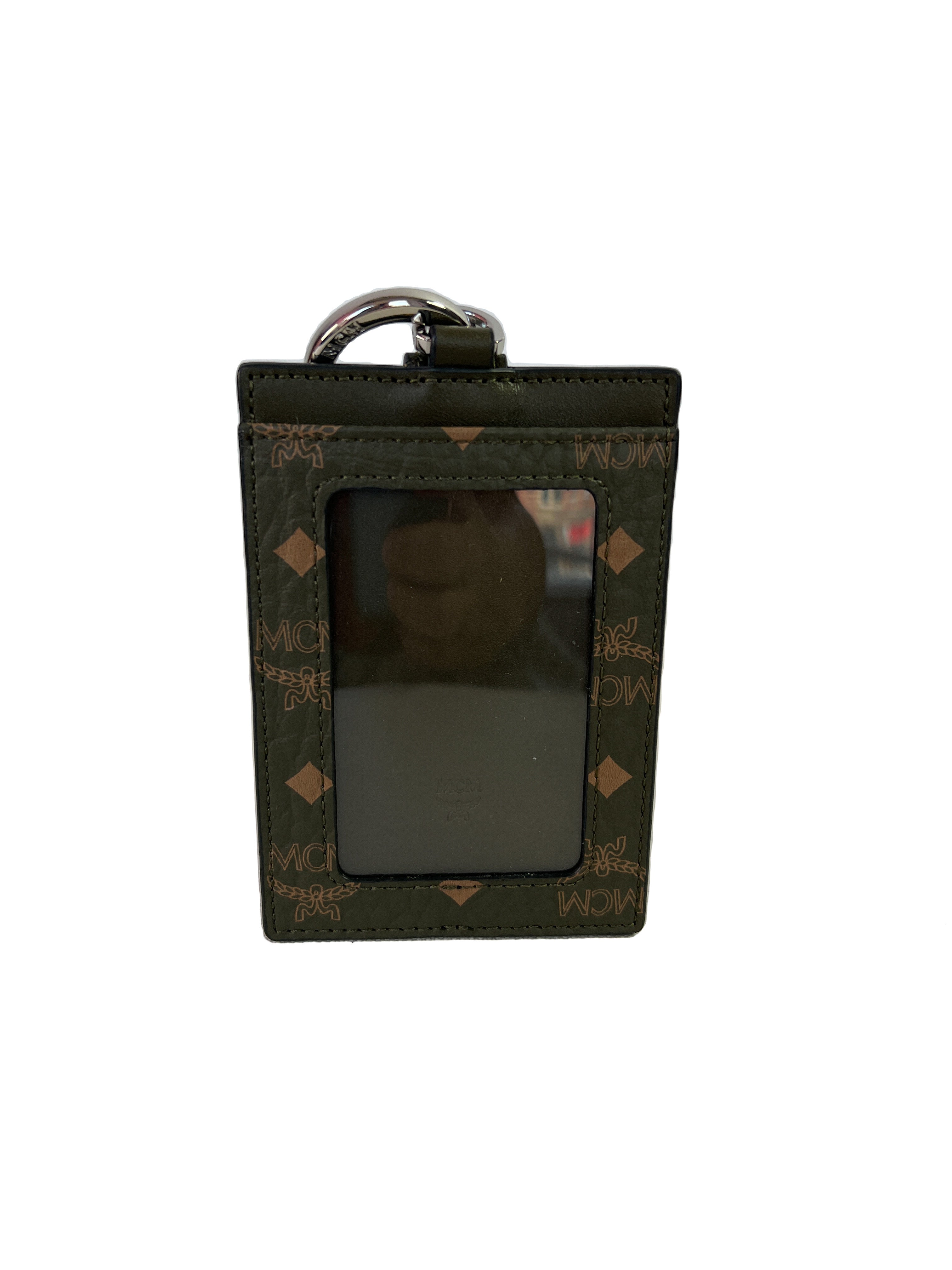 MCM olive visetos card holder keychain