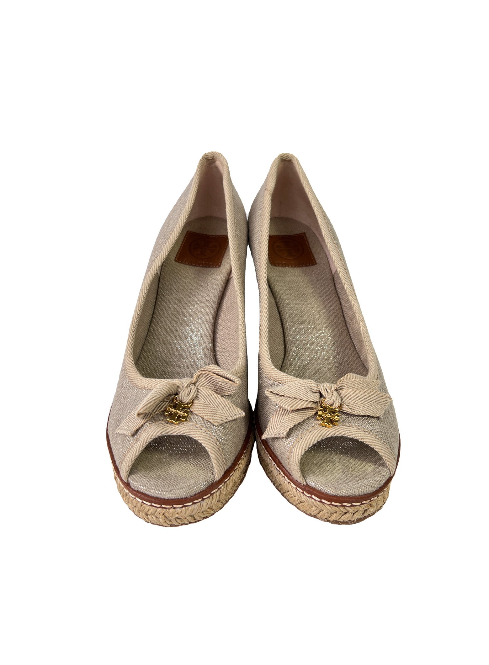 Tory Burch metallic peep toe wedges size 8