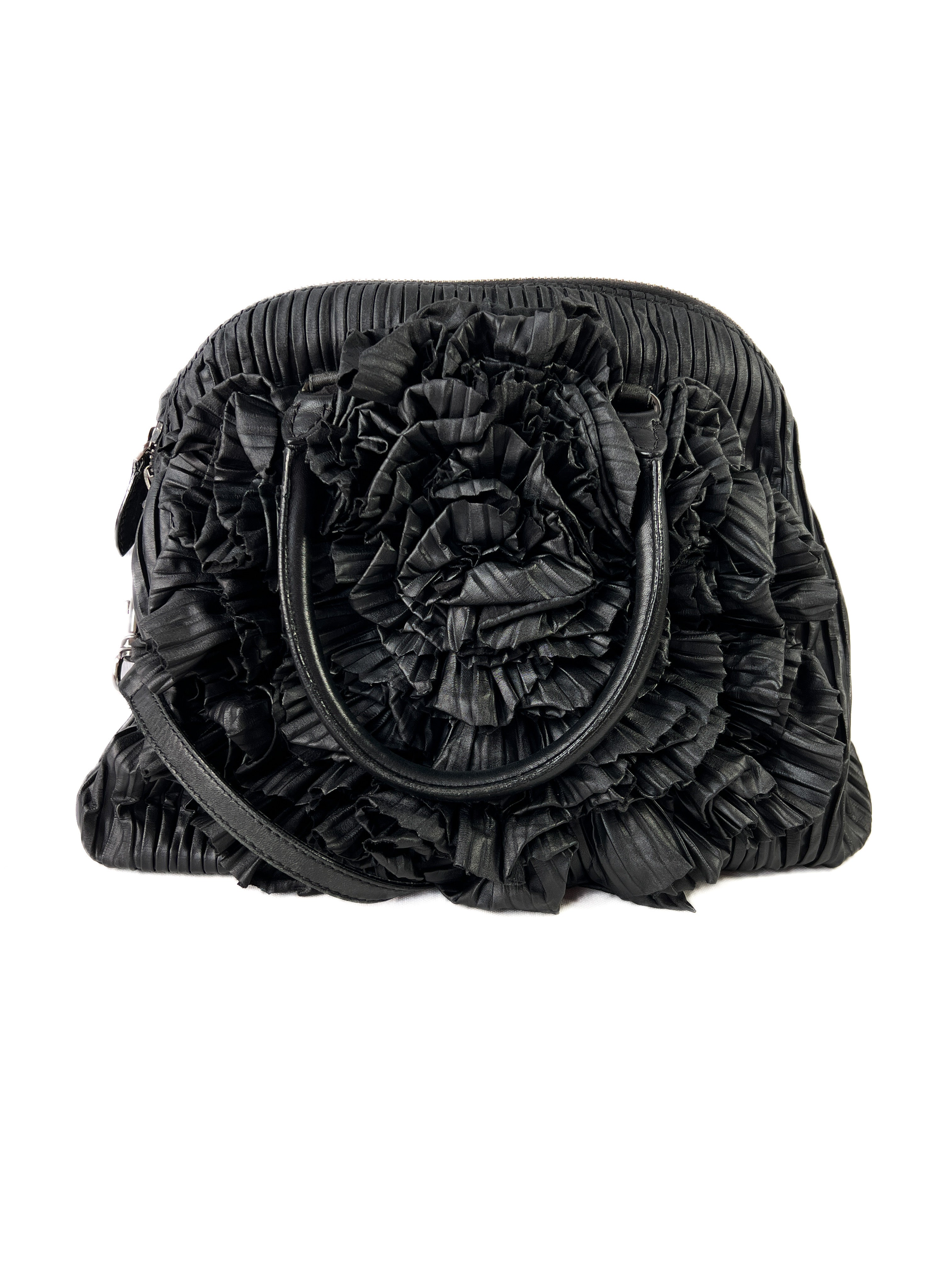 Valentino Garavani black floral leather pleated satchel