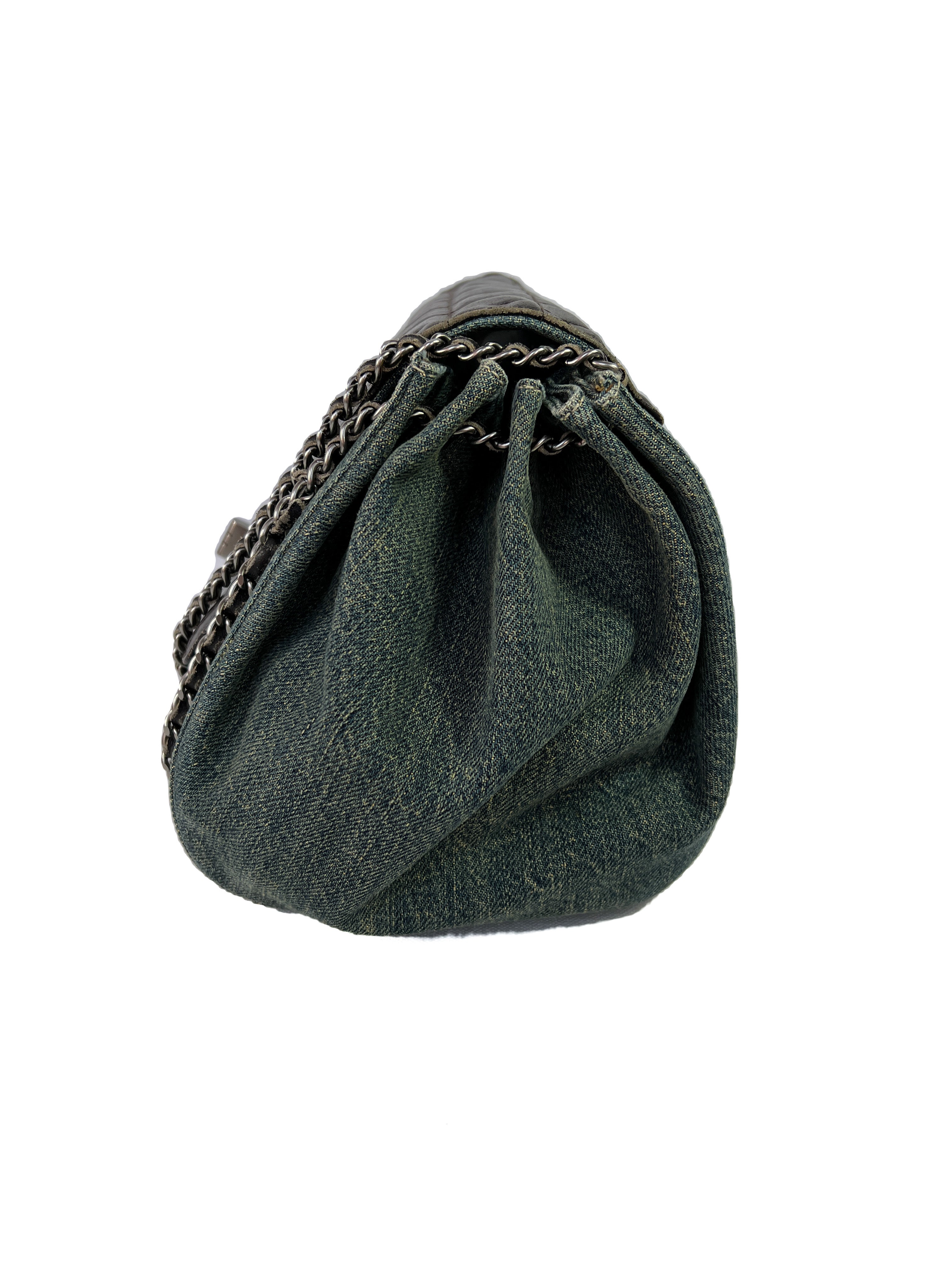 Chanel denim leather chocolate bar flap accordion shoulder bag