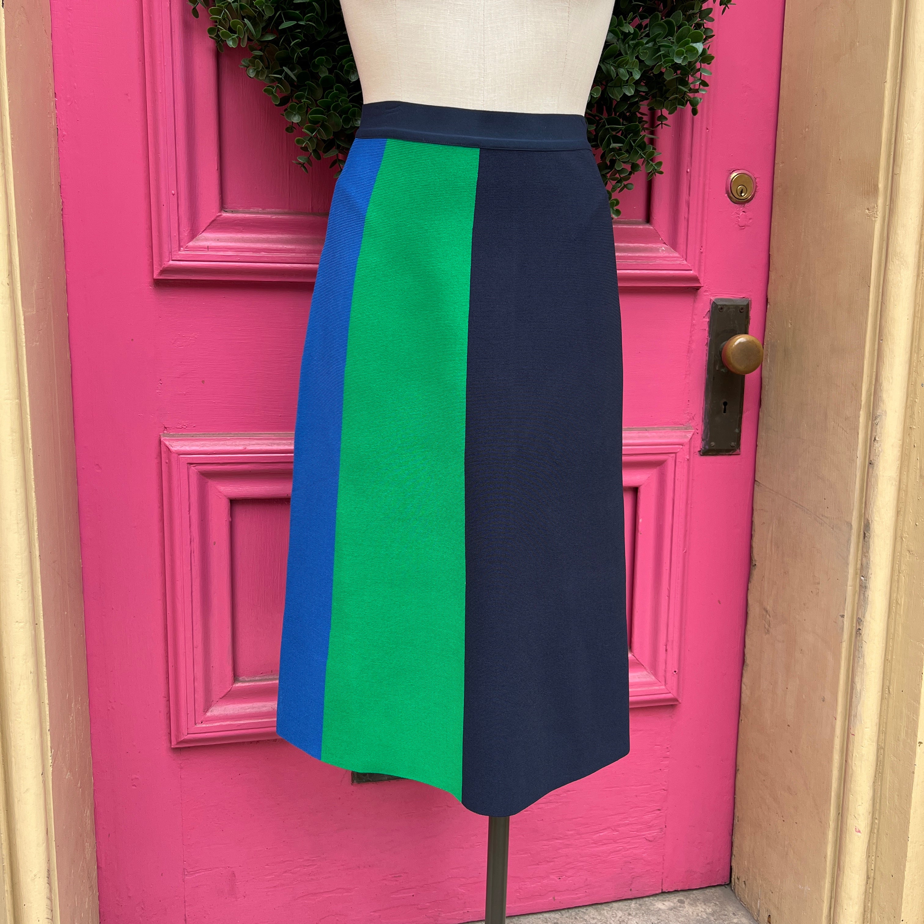 Tory Sport navy, green, and blue block stripe tech knit skirt size M NWT