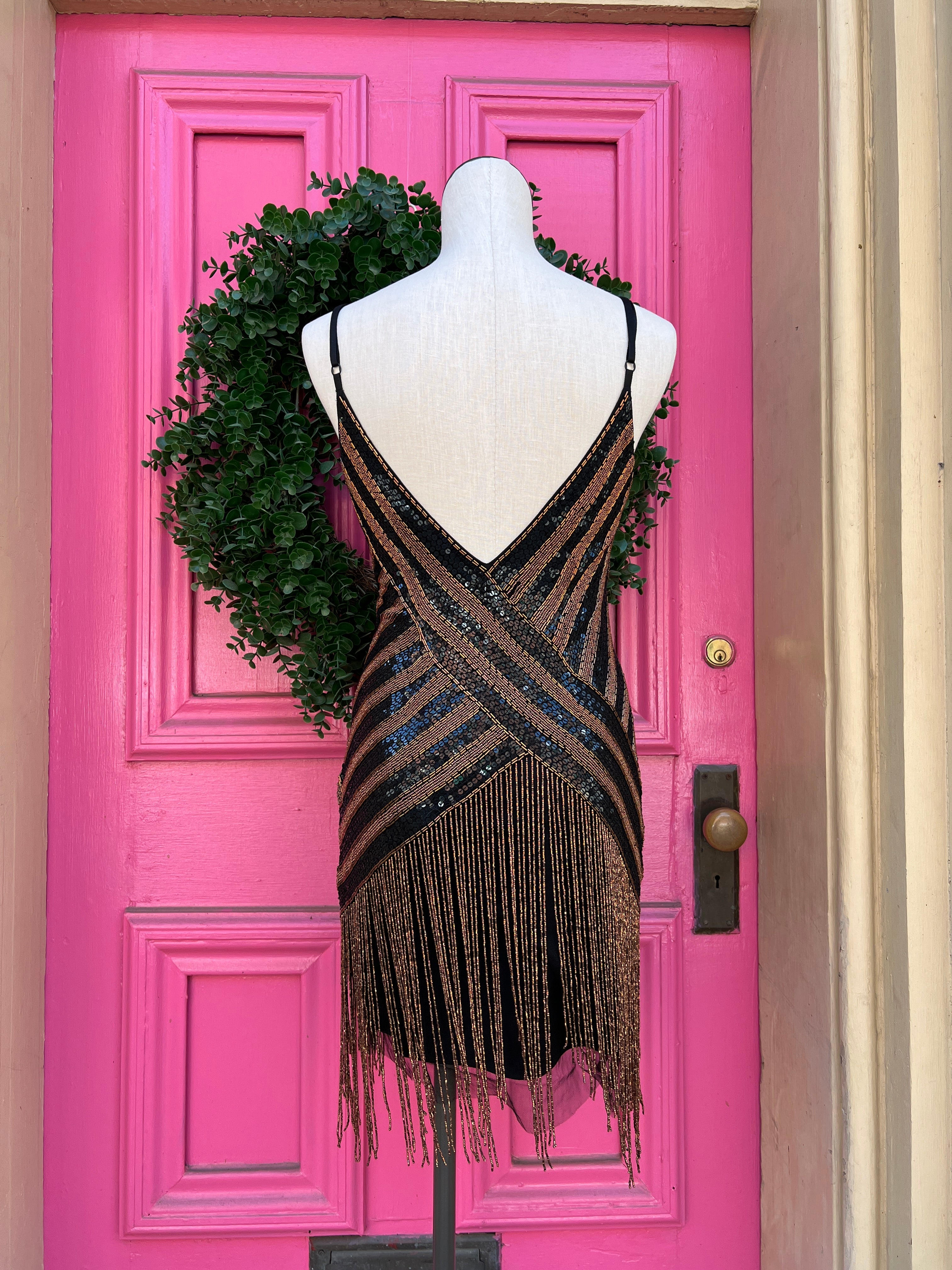 Sue Wong vintage black and bronze sequined fringe tank dress size 6