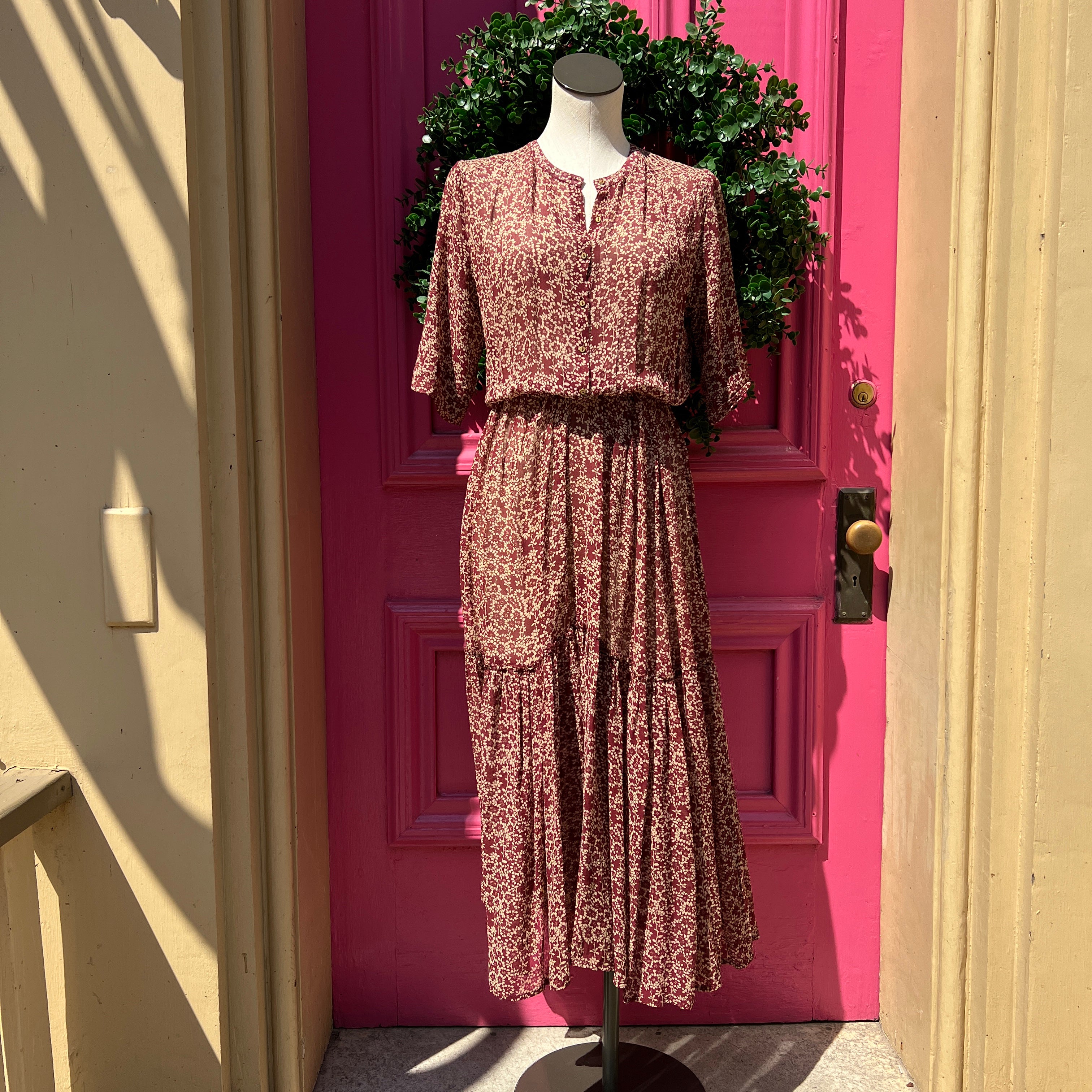 Ulla Johnson burgundy and tan silk short sleeve dress size 10