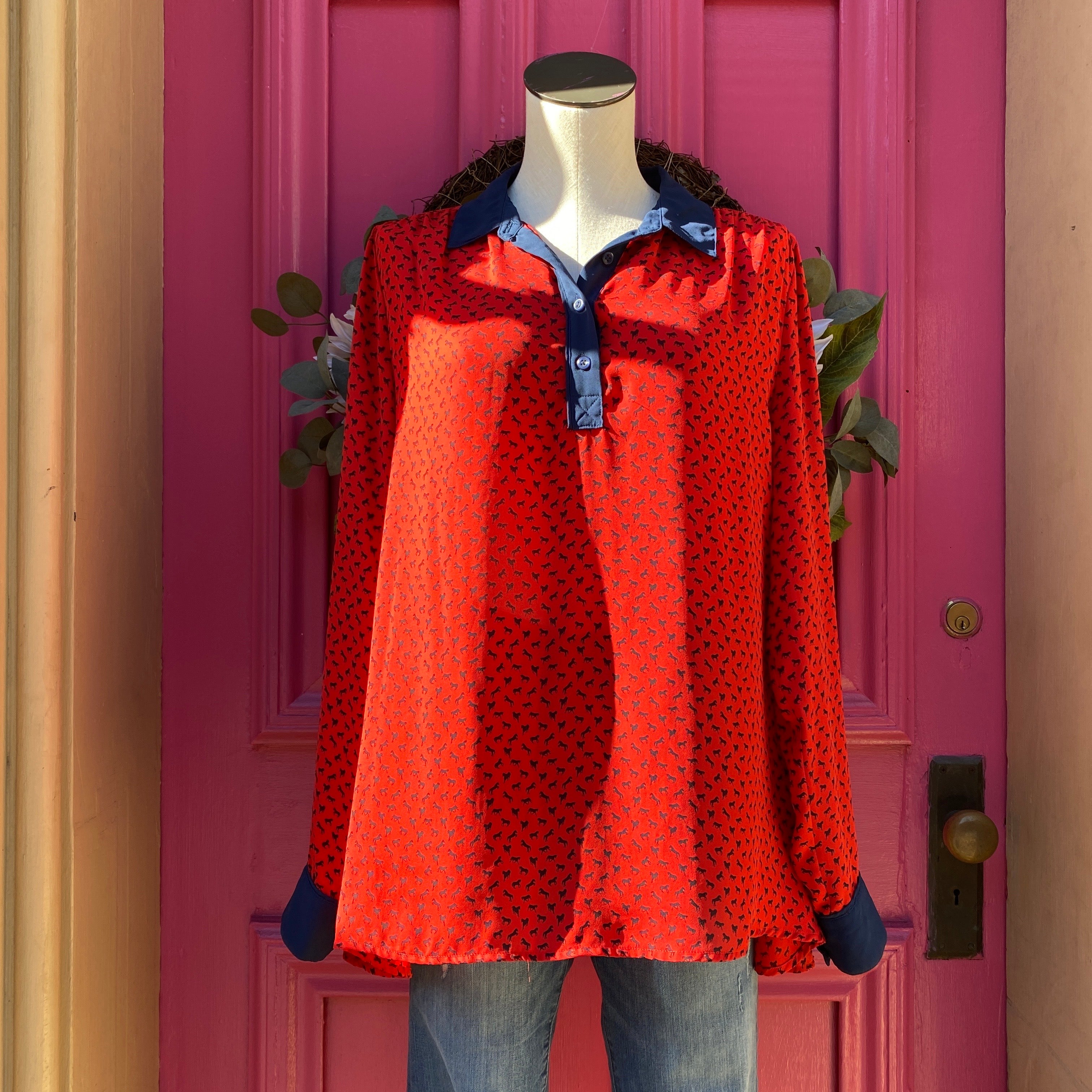 Free People navy and red horse print half button up size M