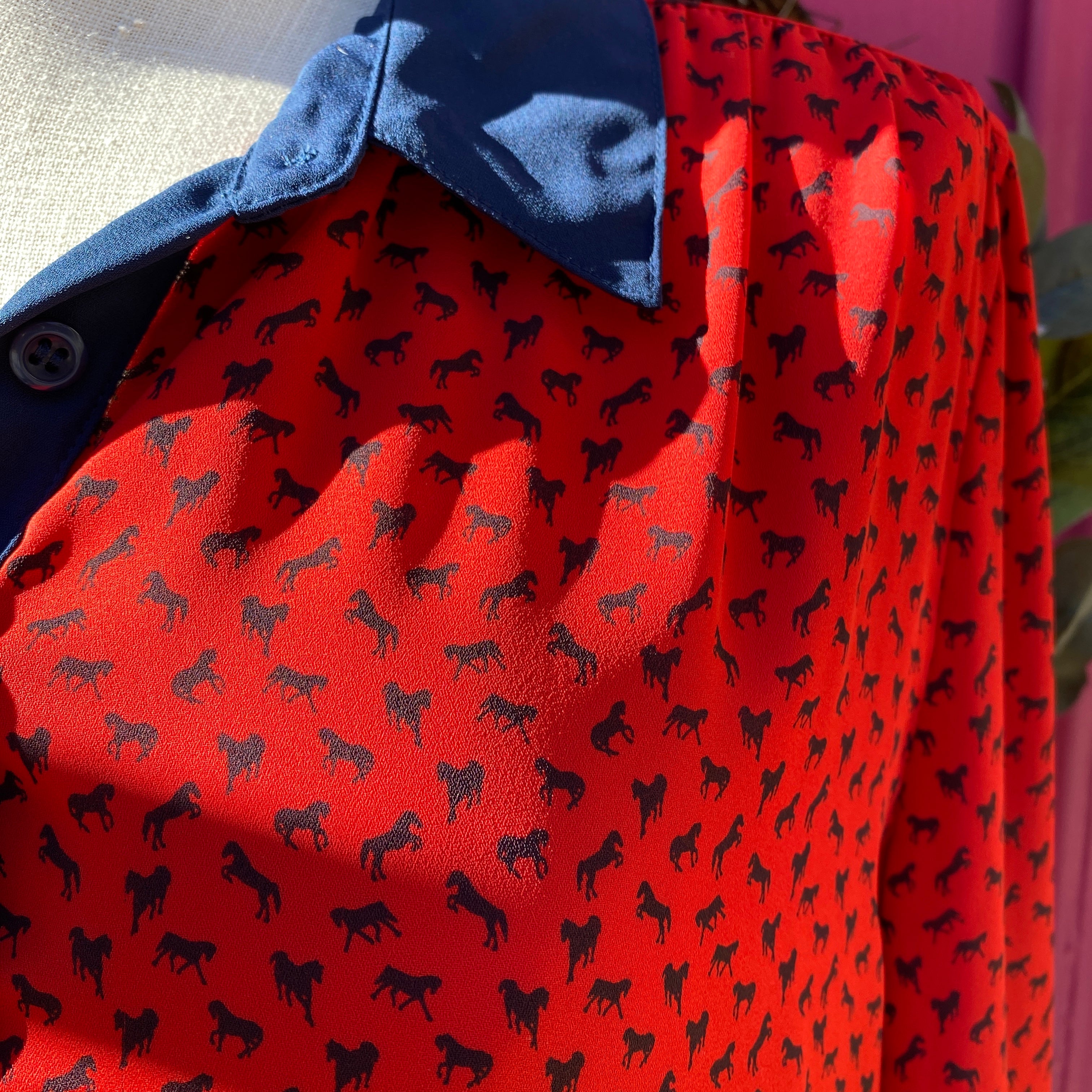 Free People navy and red horse print half button up size M