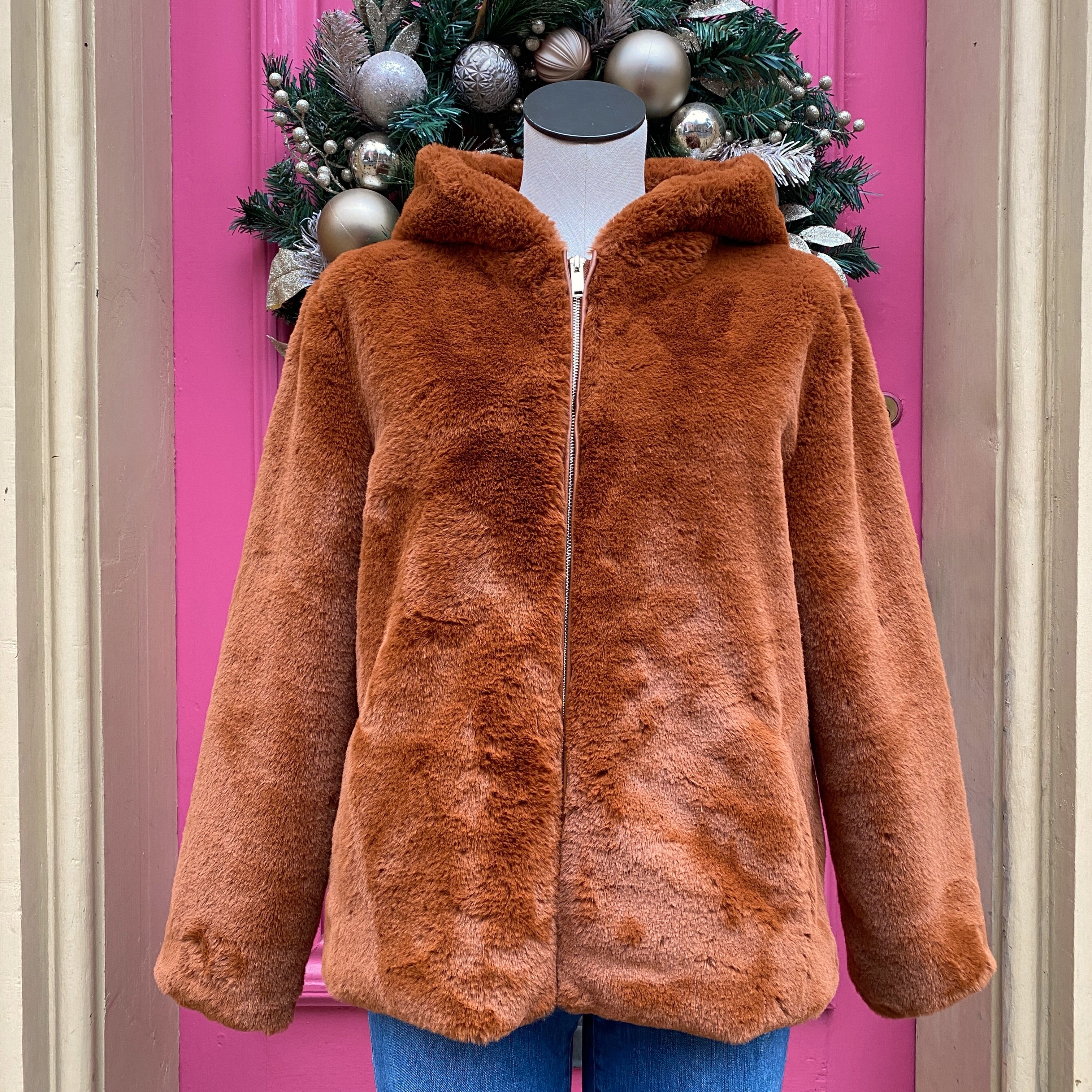 Rachel Zoe orange faux fur teddy jacket size M
