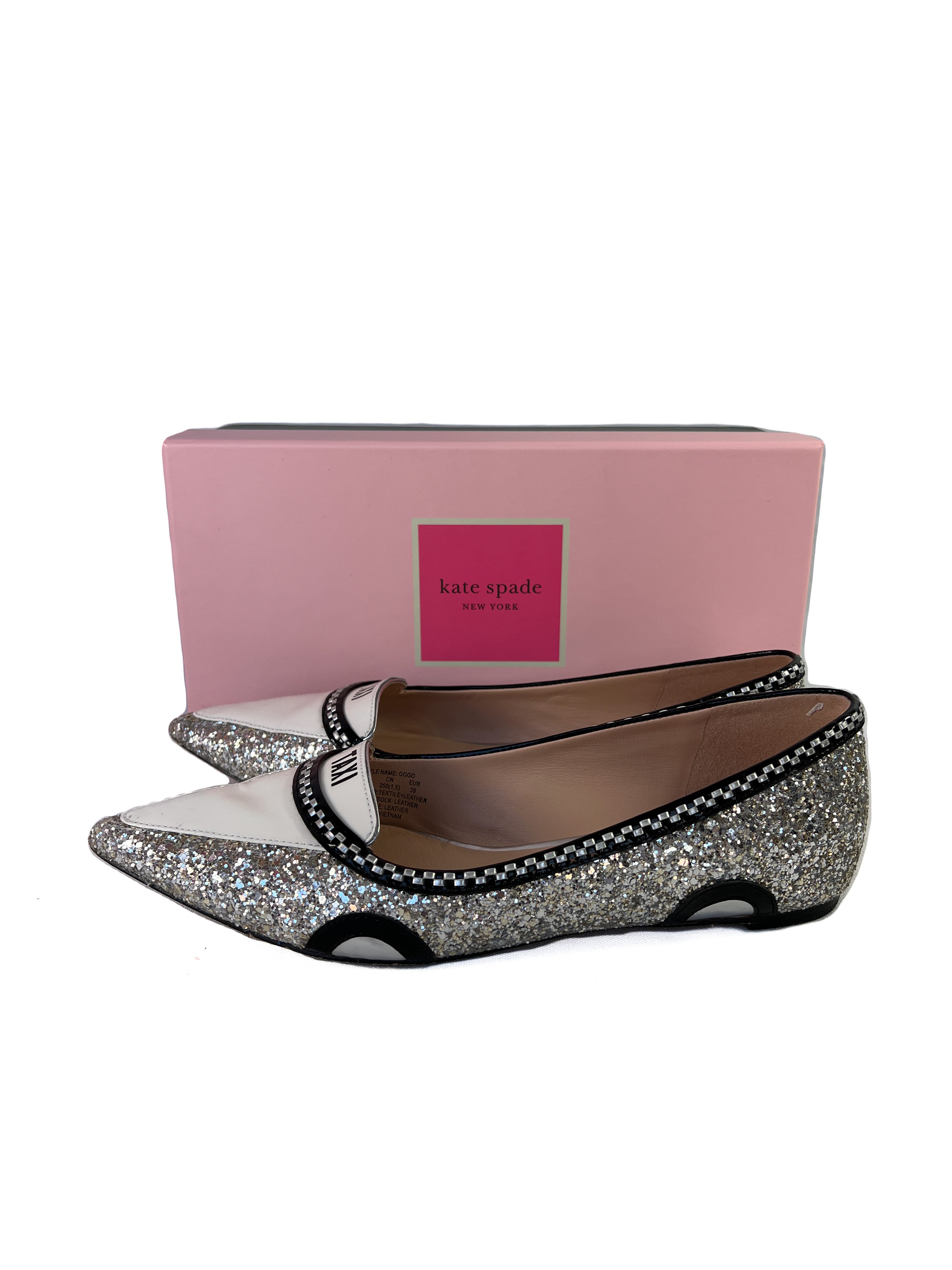 Kate Spade silver glitter gogo taxi flats size 8.5