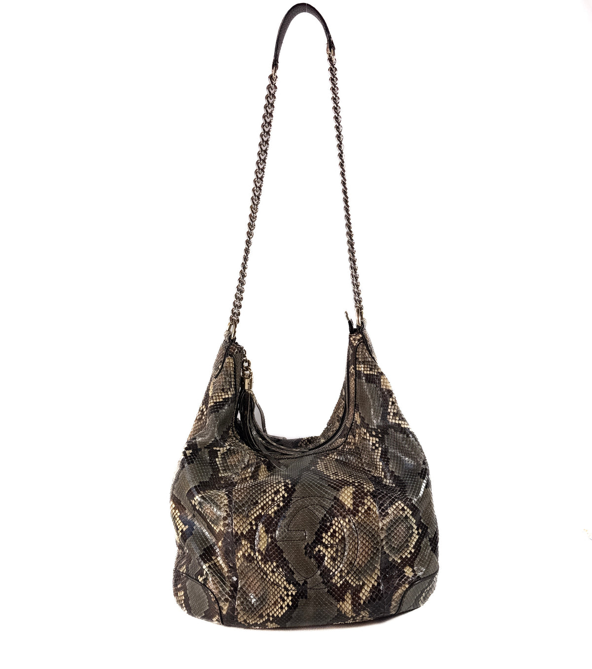 gucci python backpack with double g in neutral |... Gucci python medium soho chain hobo bag
