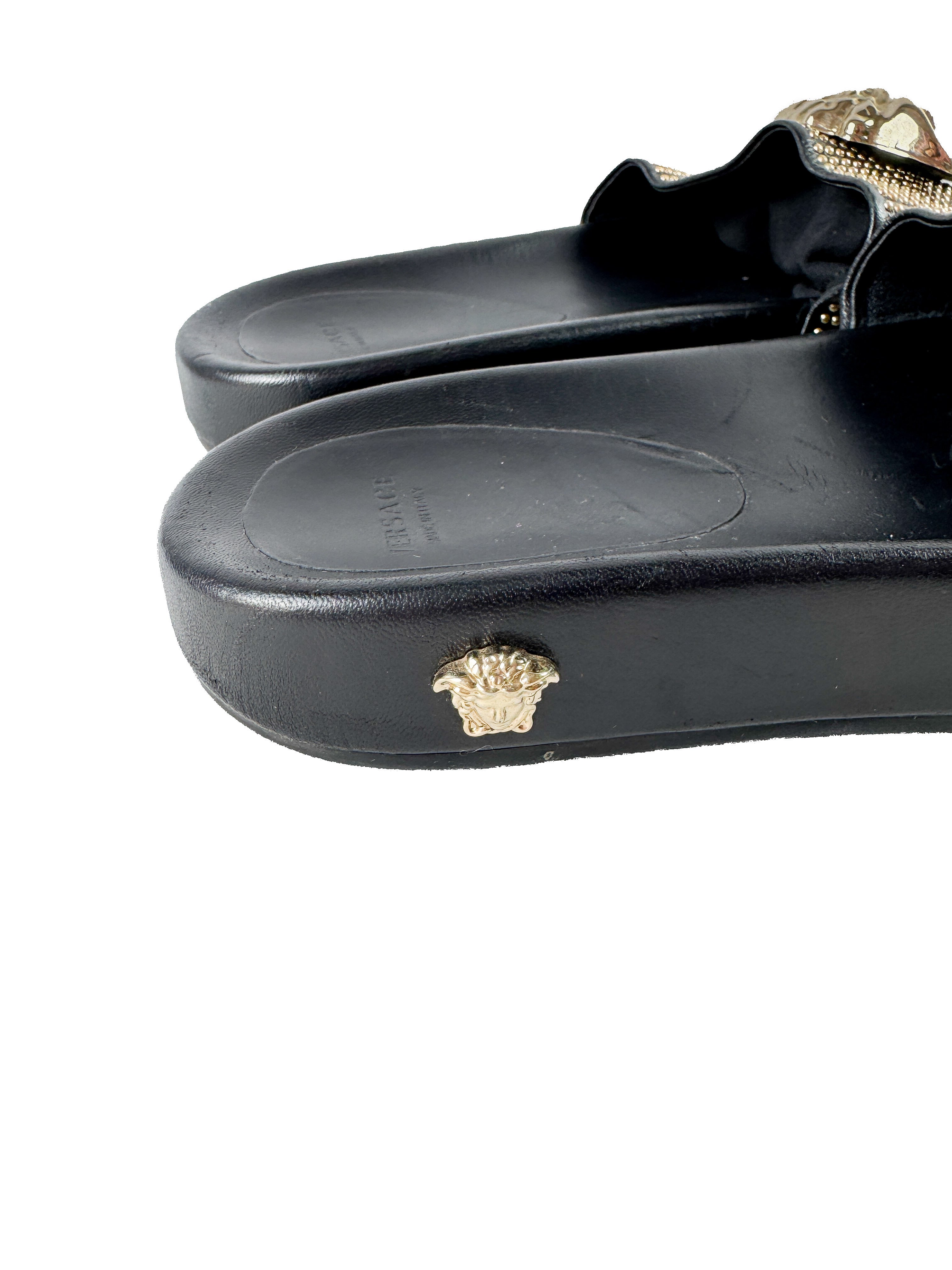 Versace black leather studded Medusa head slides size 39